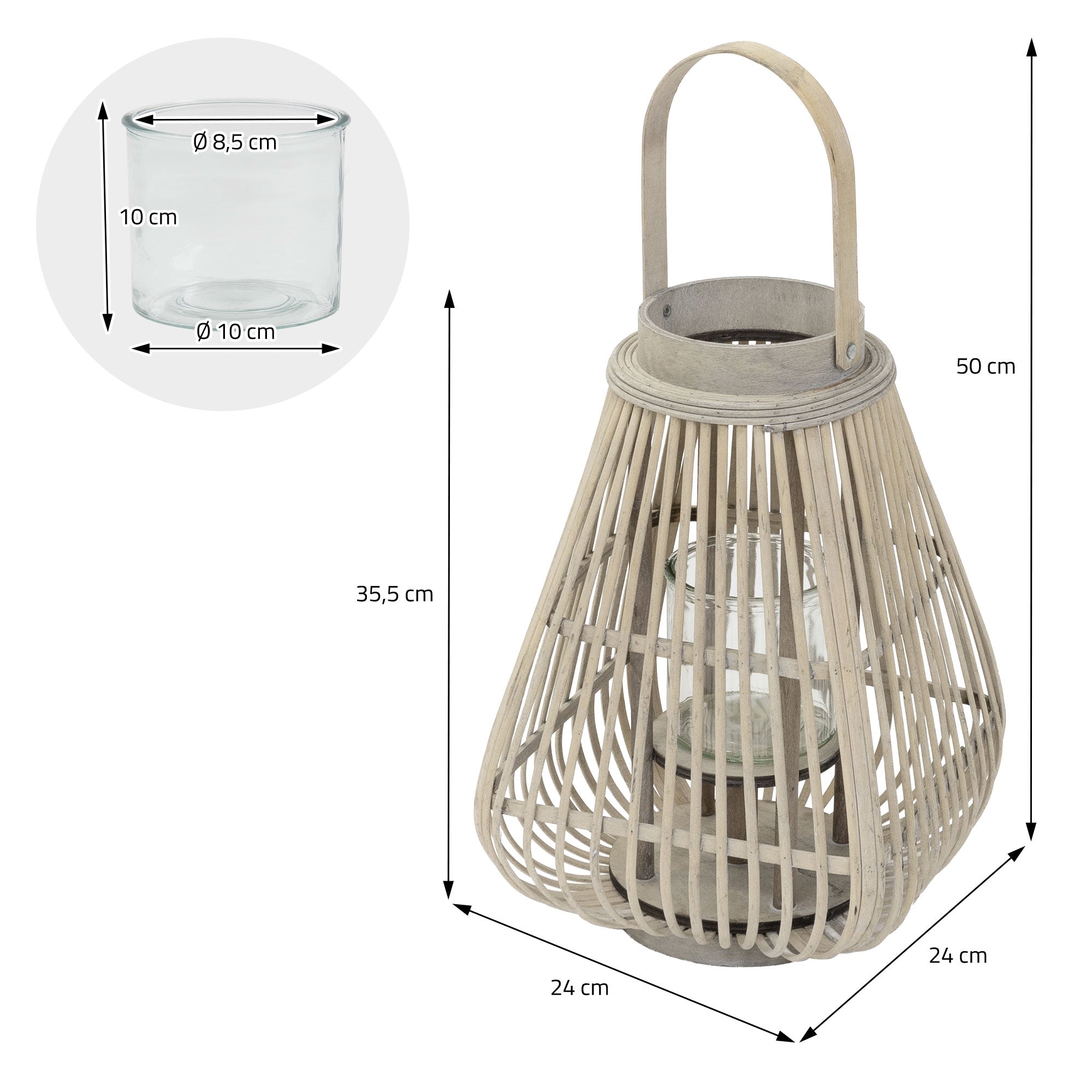 A wooden lantern with measurements showing height and diameter, next to a glass container.