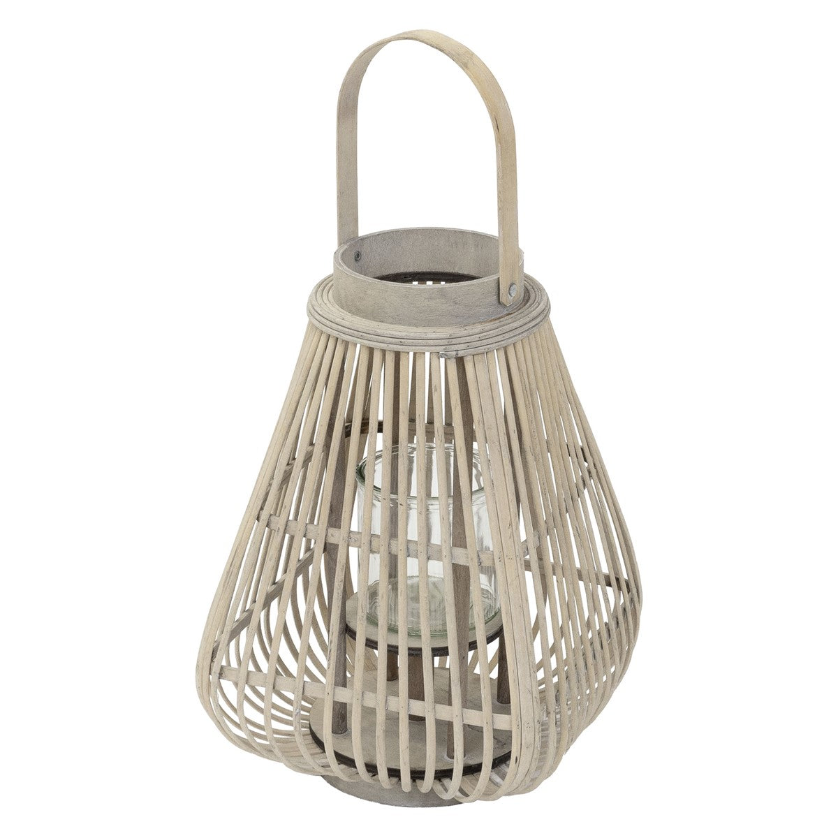 A wooden lantern with a glass container on a white background.
