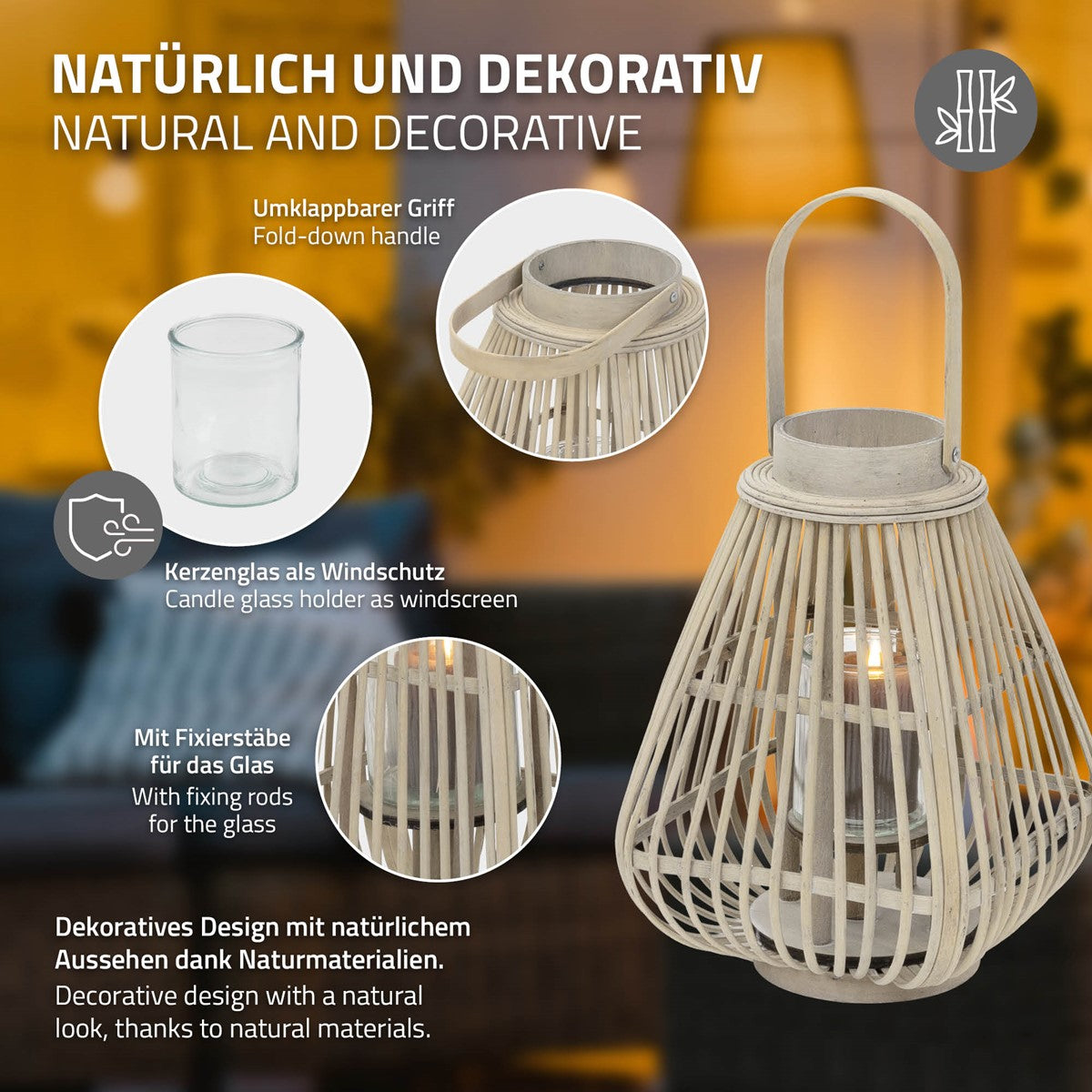 Lantern with a candle jar and a fold-down handle, decoratively designed.