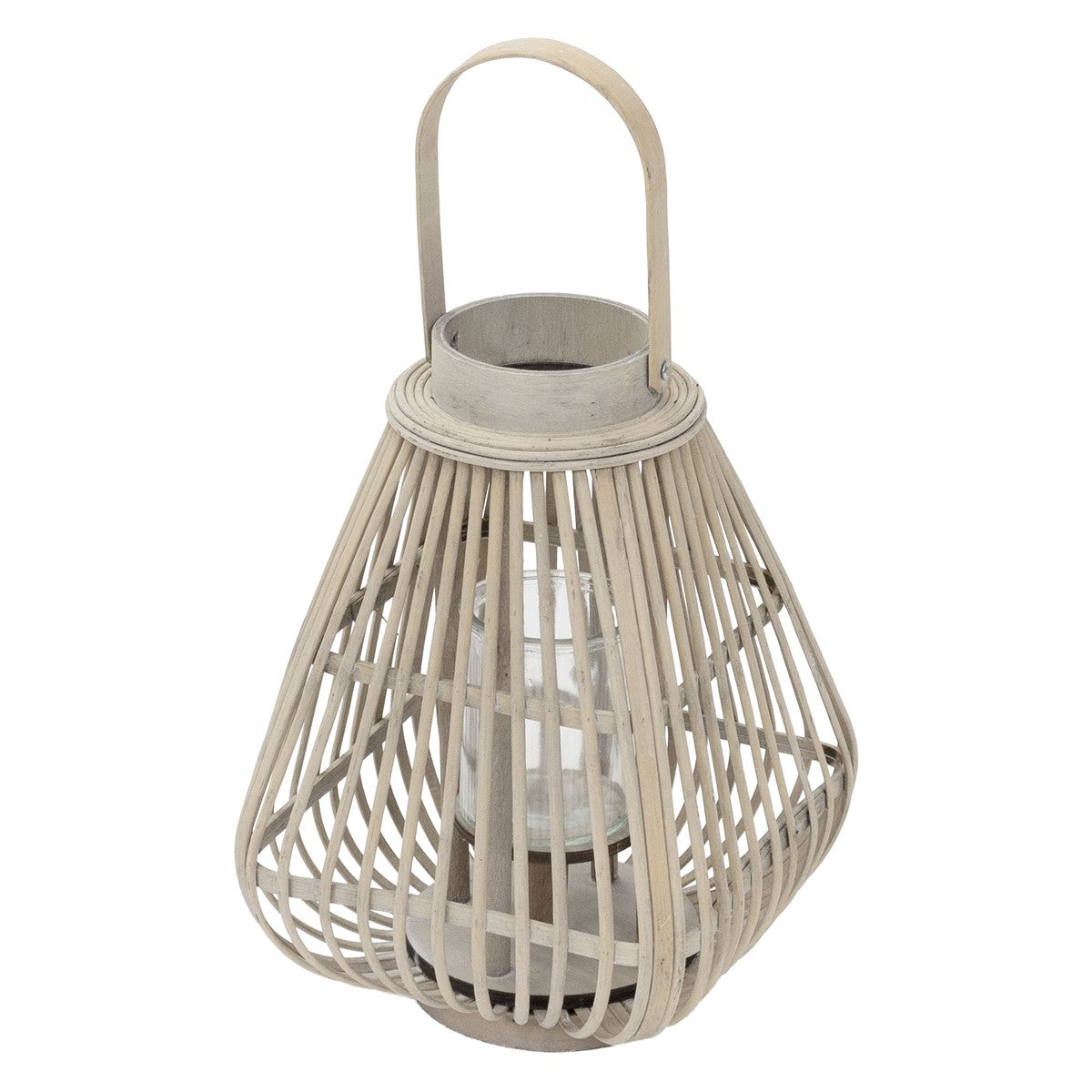 A bamboo lantern with a glass container, placed on a table.