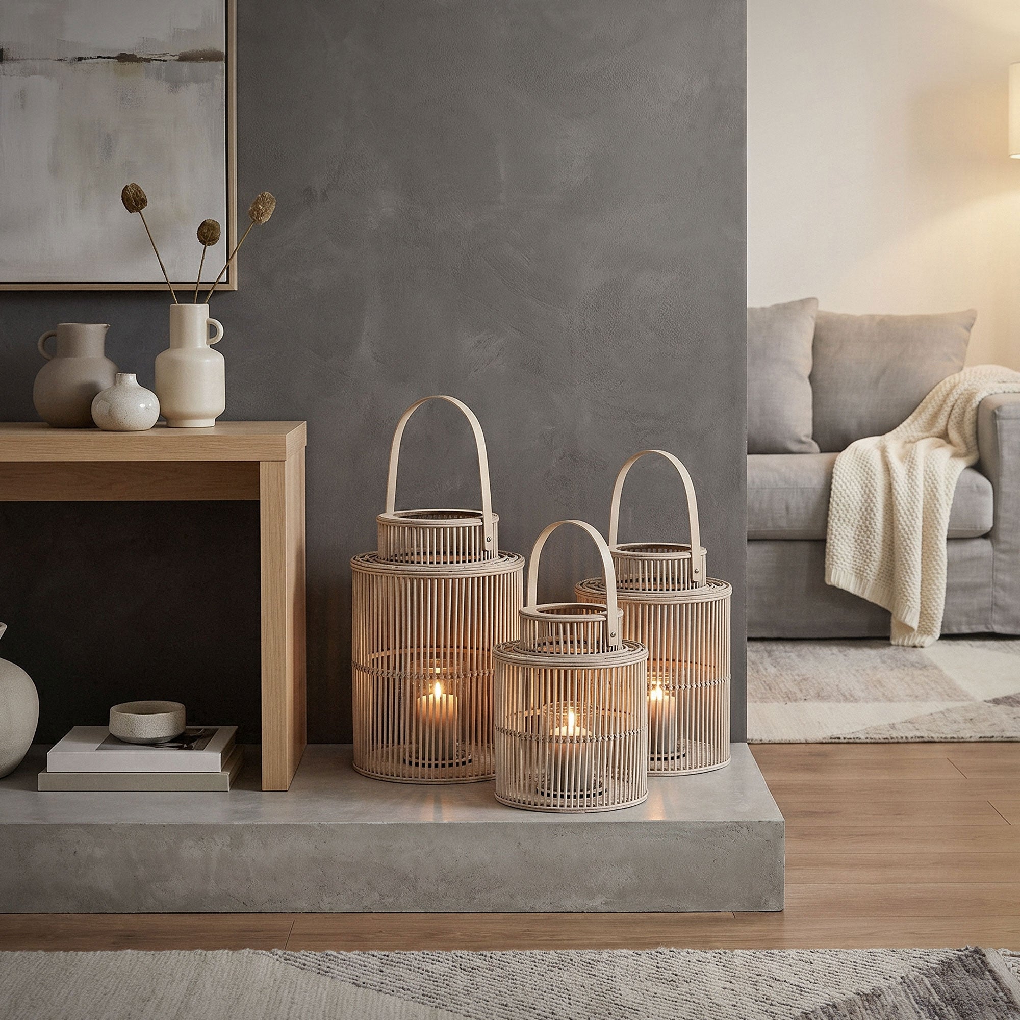 Three bamboo lanterns on a table in a modern living space.