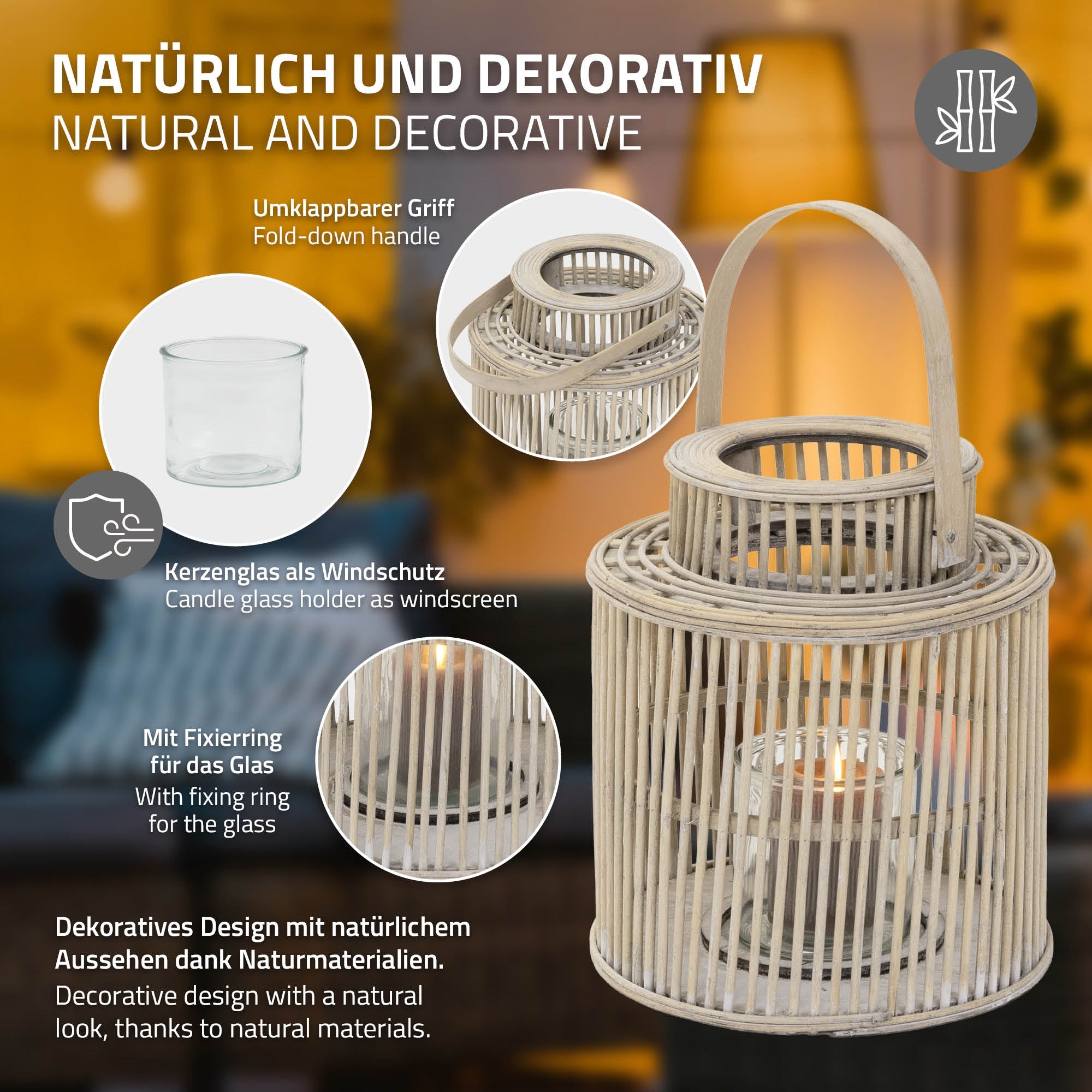 A decorative lantern with glass and a foldable handle.