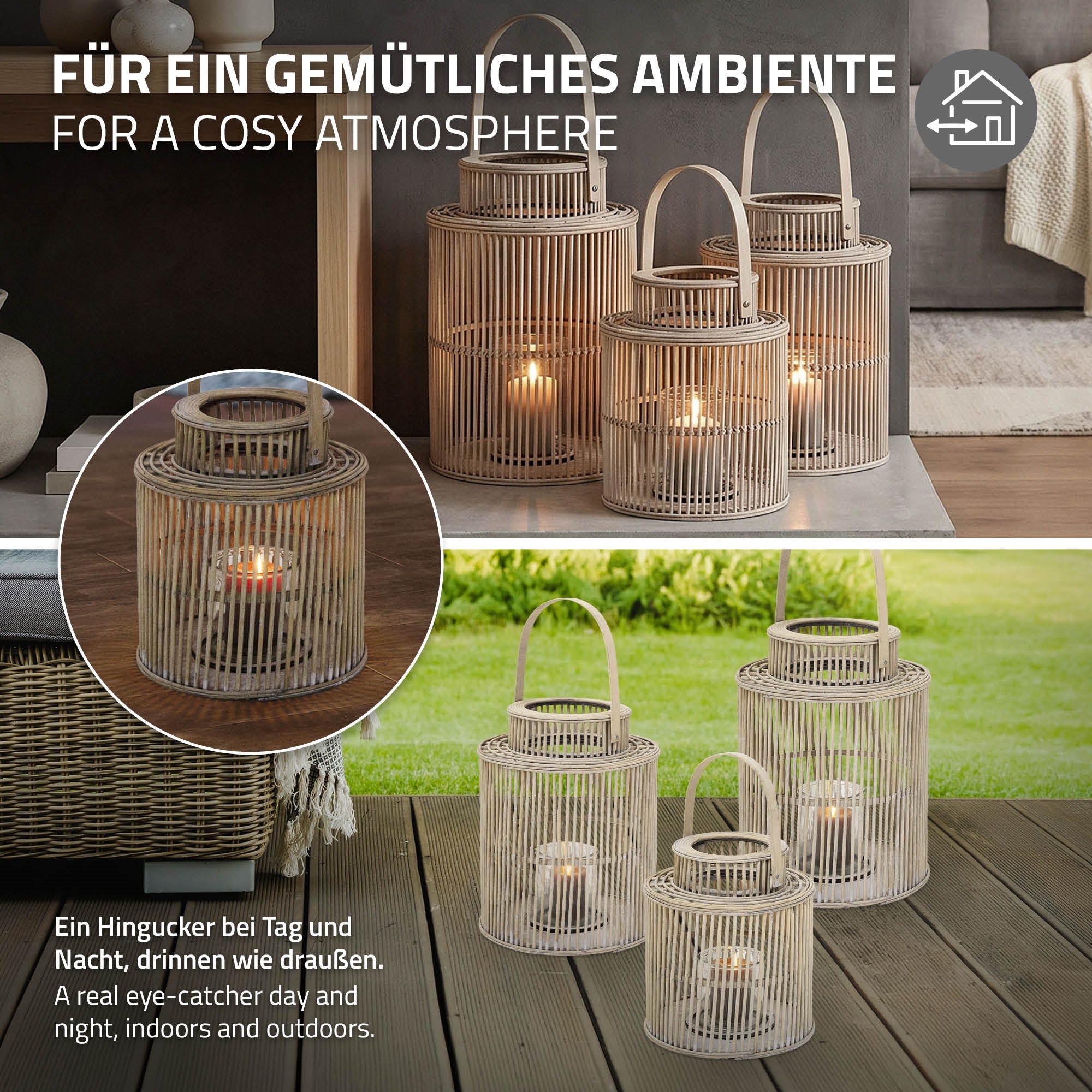 Decorative lanterns in various sizes for indoor and outdoor use.