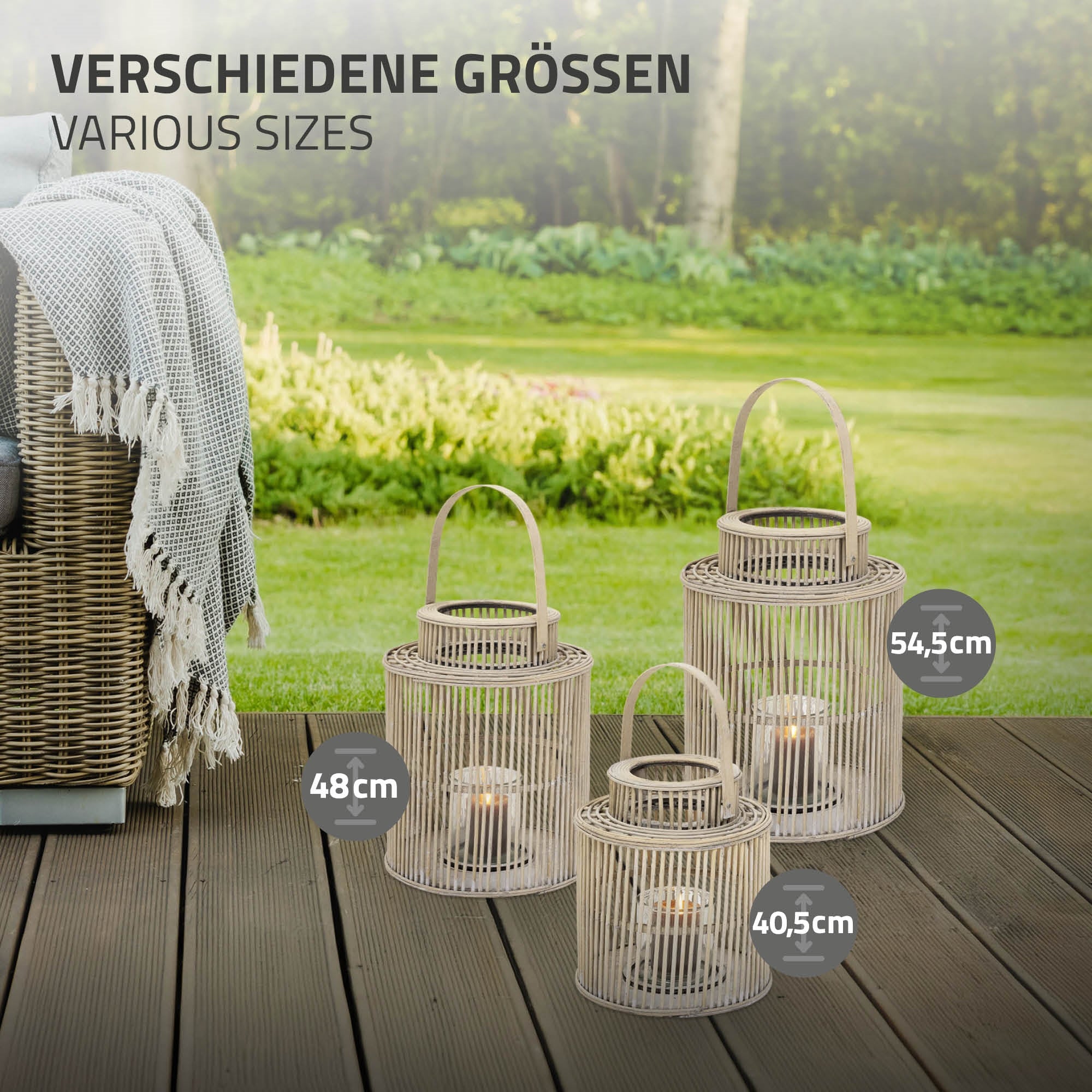 Three different sizes of bamboo lanterns on a wooden floor.