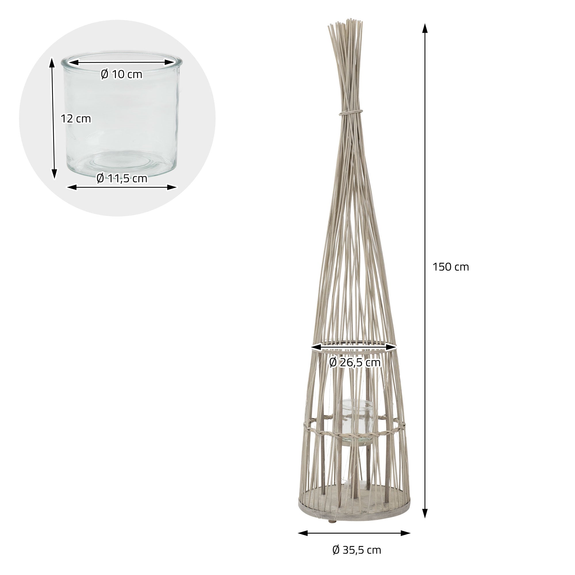 Maßzeichnung eines größeren Rattan-Kerzenhalters mit Glasbehälter und Durchmessern.