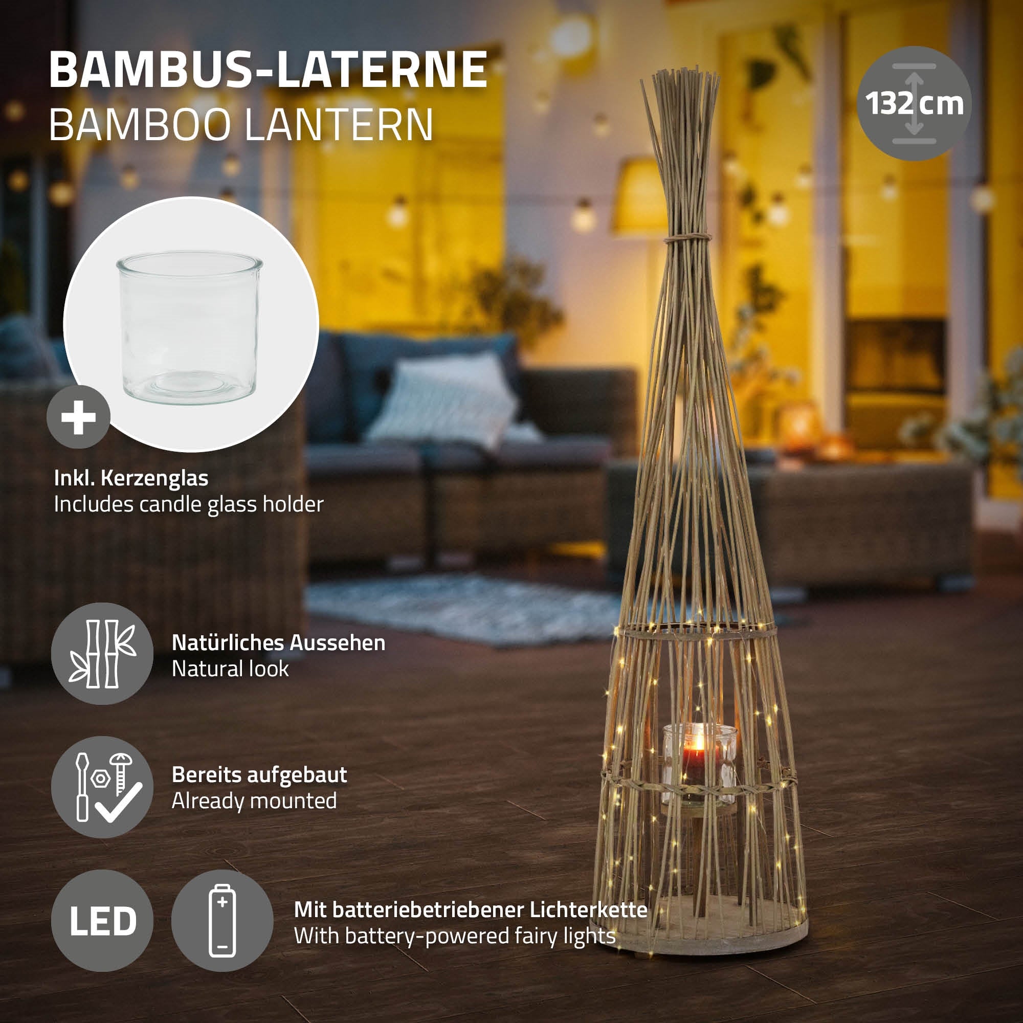 Bambus-Laterne mit Kerzenglas und Lichterkette, Höhe 132 cm.
