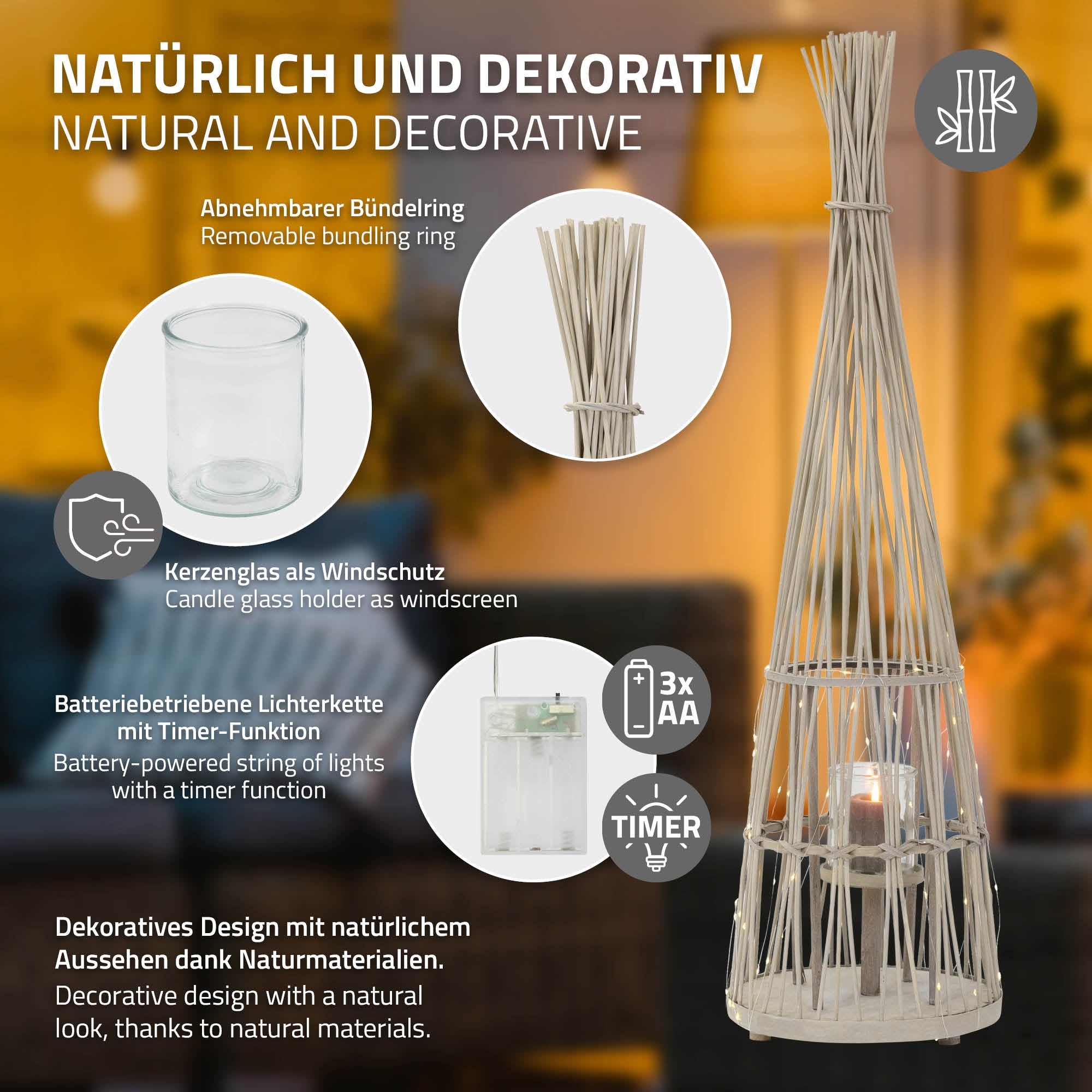 Dekorativer Kerzenhalter aus Rattan mit abnehmbarem Glas und Timer-Funktion.