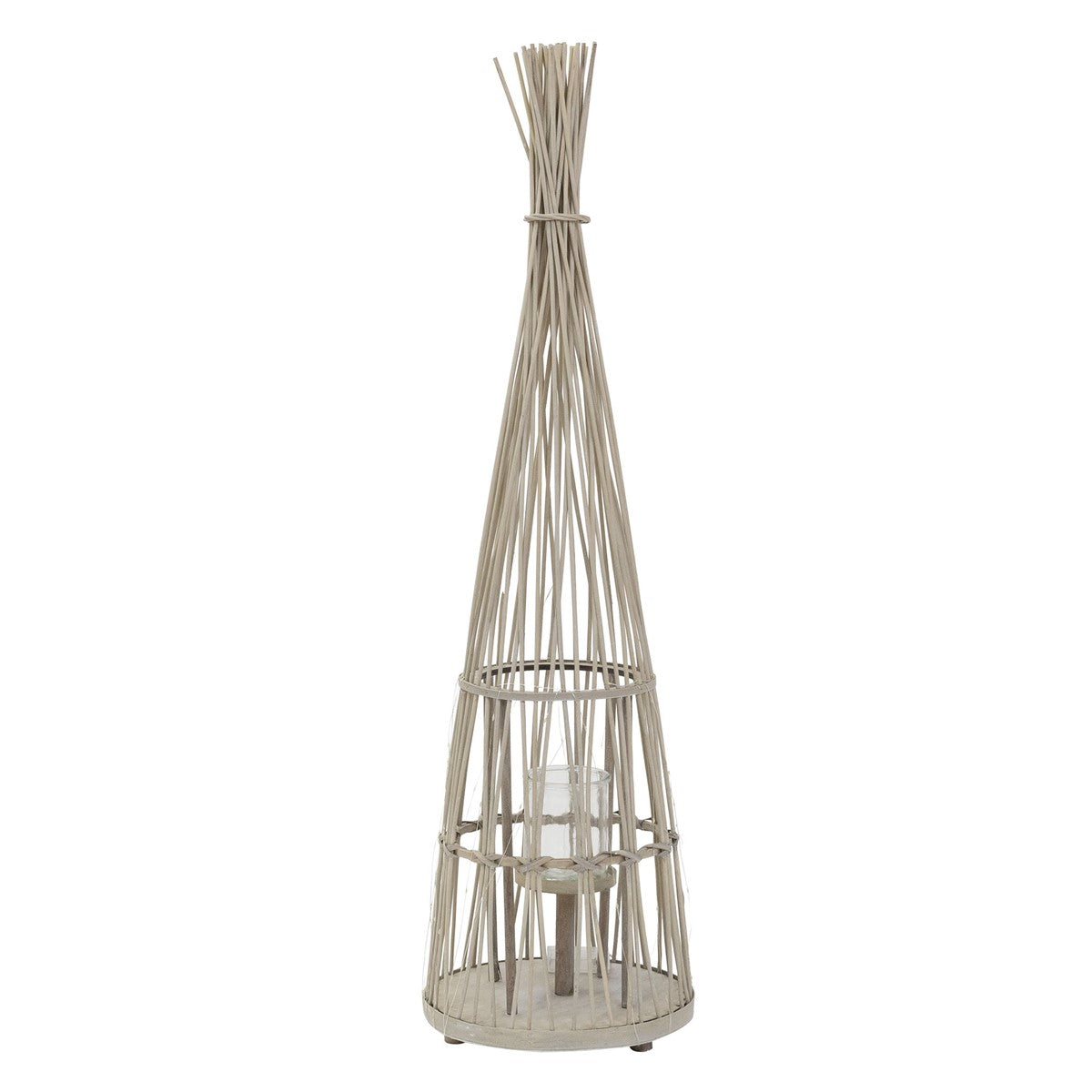 Tall decorative rattan candle holder.