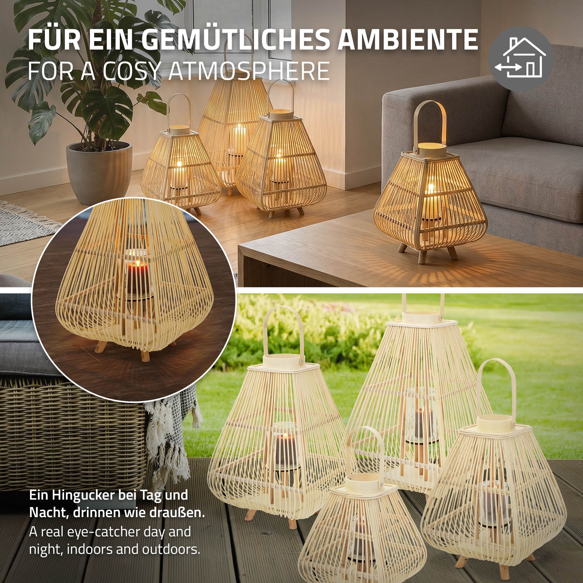 Several bamboo lanterns on a table in a cozy room.