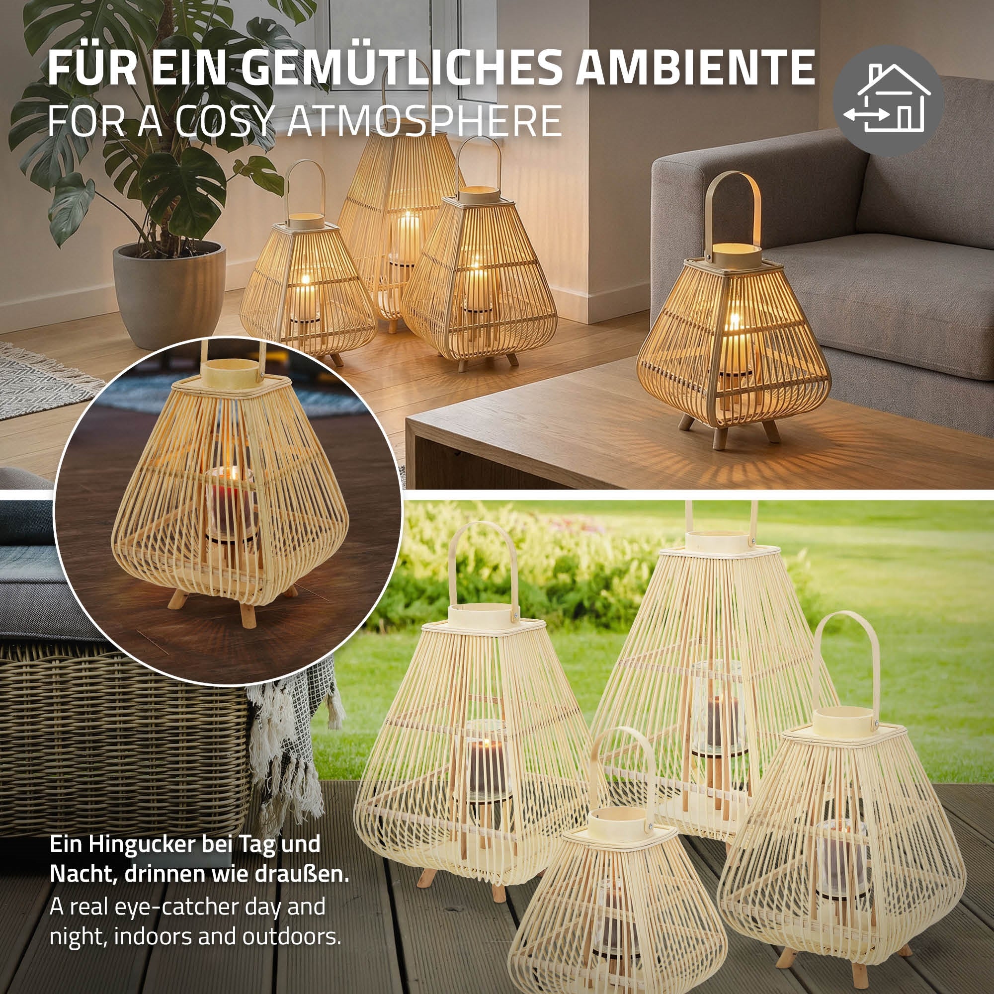 Several woven wooden lanterns on a table, surrounded by a cozy atmosphere.