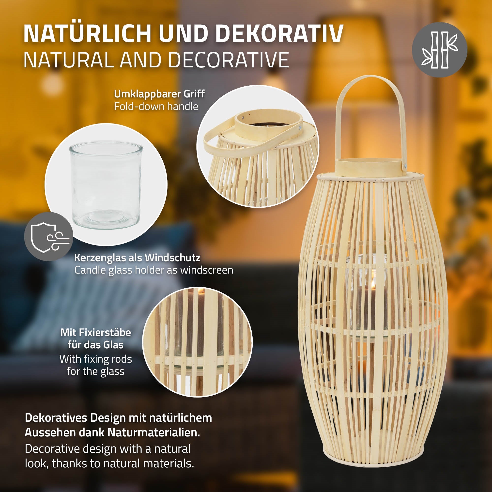 Velká lampa se skleněnou nádobou a sklápěcí rukojetí.