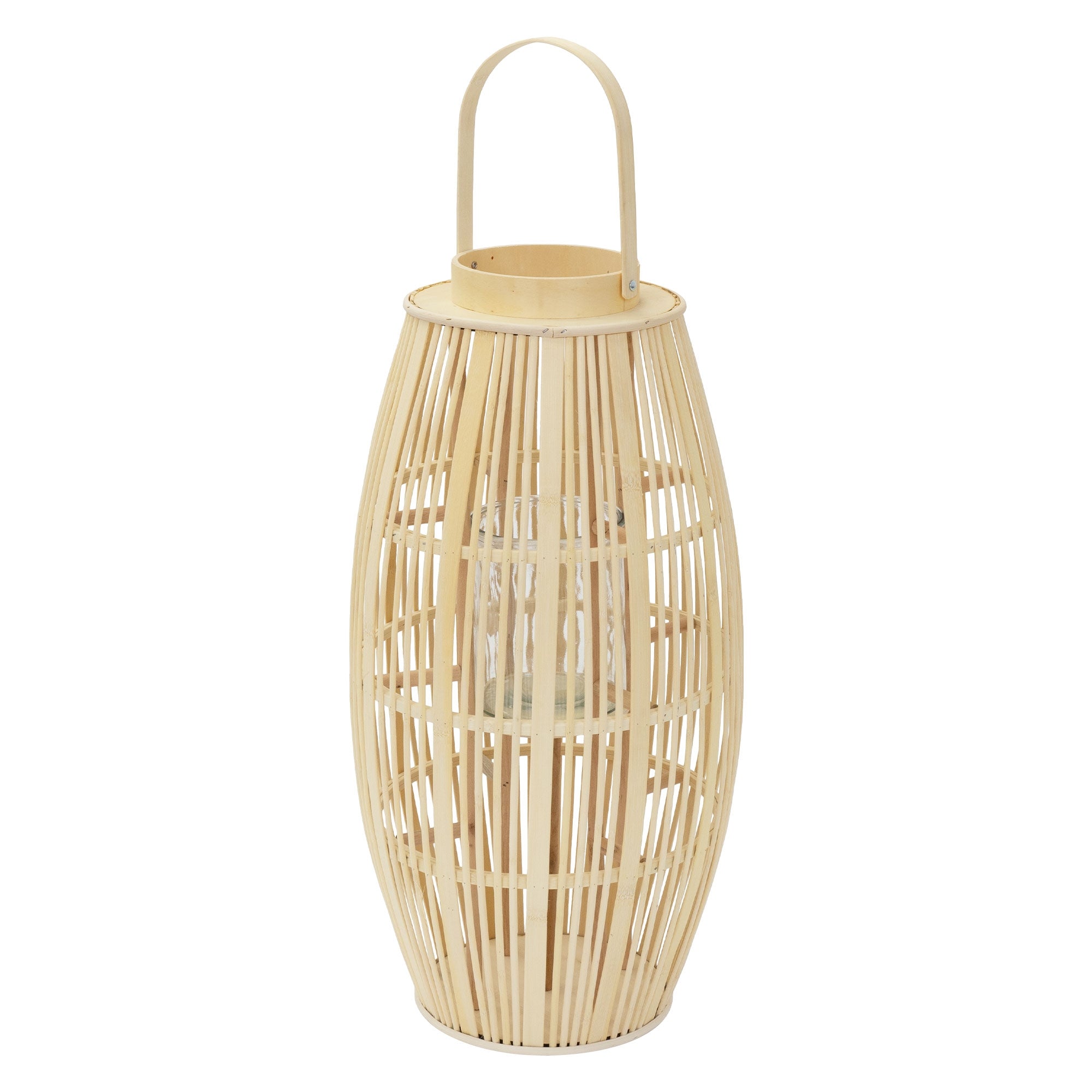 Pletená lampa z dřeva se skleněnou nádobou, na světlém pozadí.