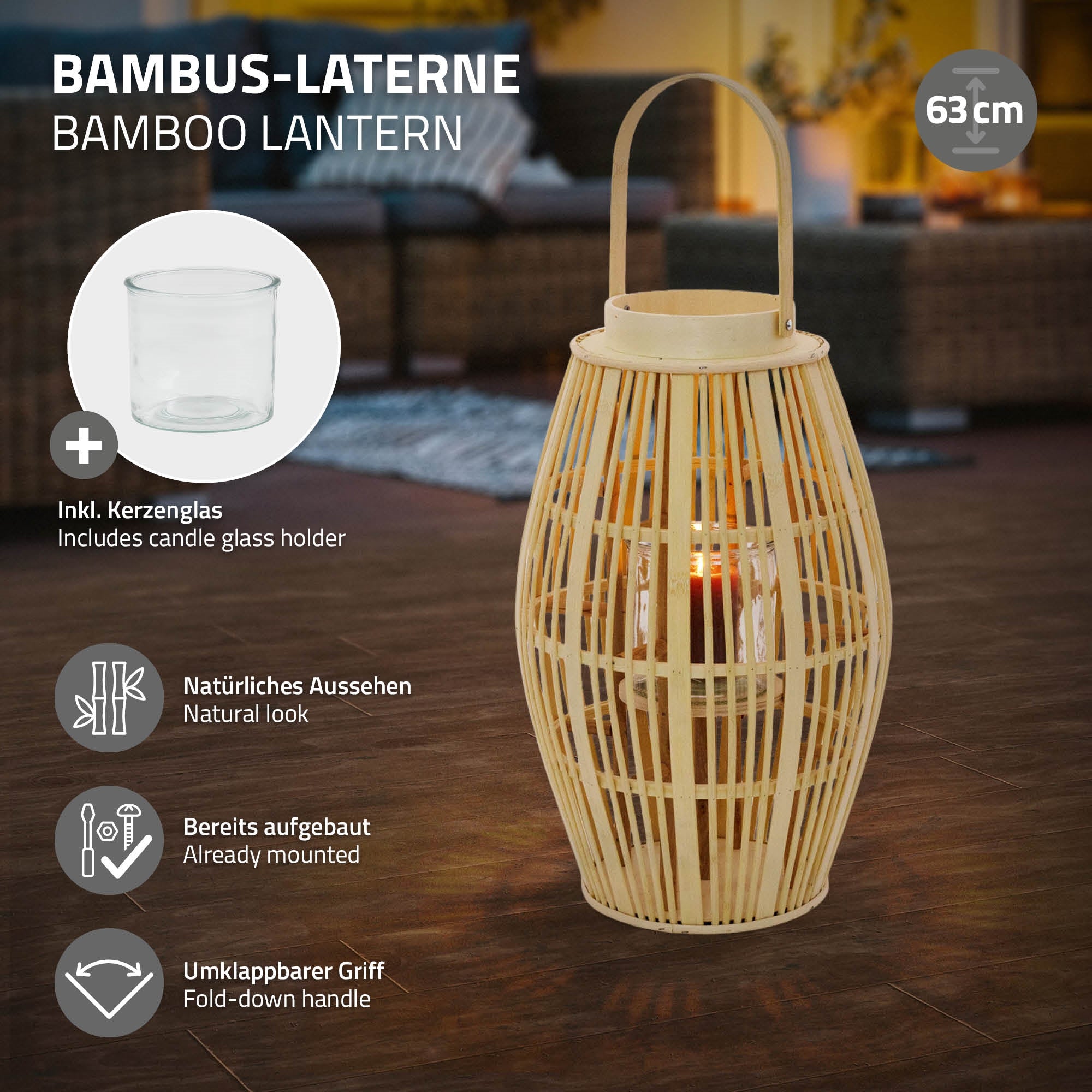Bambuslanterne med et glas, naturligt udseende og foldbart håndtag.