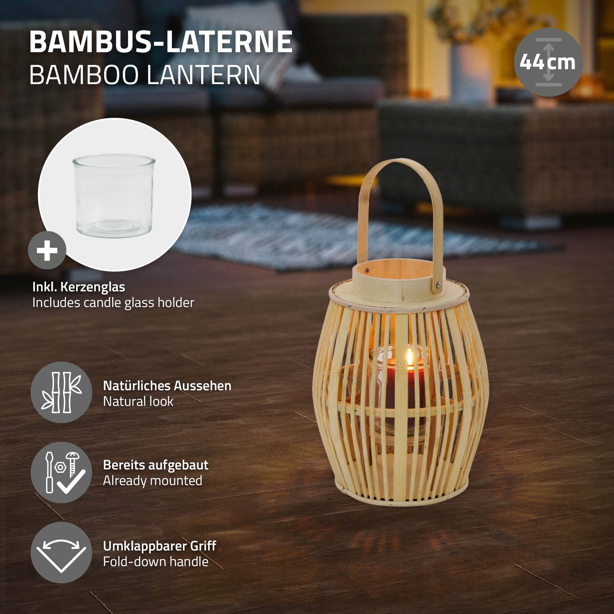 Bambuslaterne mit Kerzenglas, natürlichem Aussehen und umklappbarem Griff.