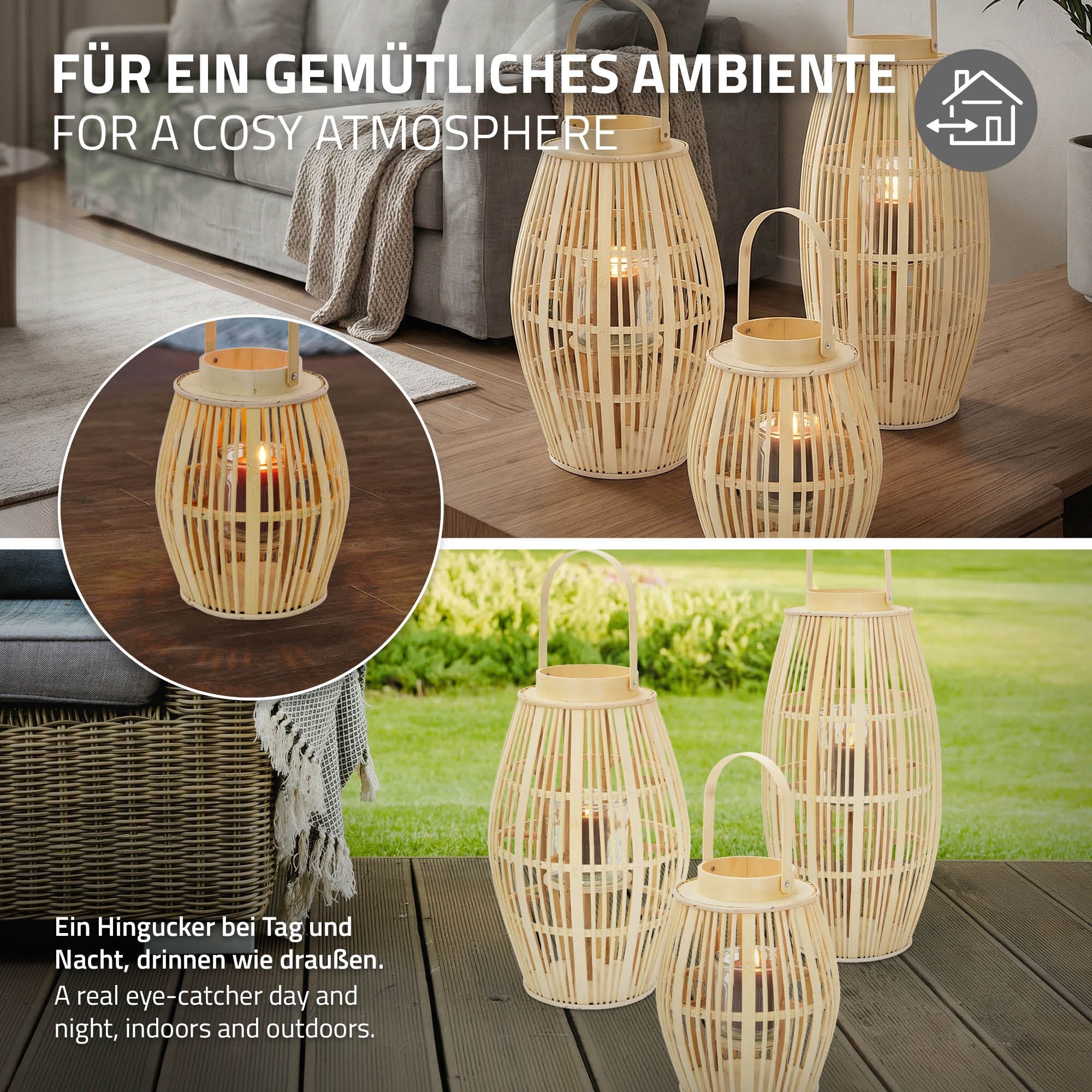Vier Bambuslaternen auf einem Holztisch, umgeben von einem gemütlichen Ambiente.