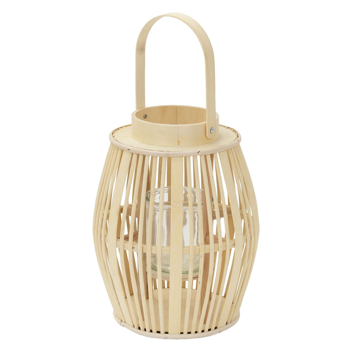 A wooden lantern with a glass container, placed on a table.