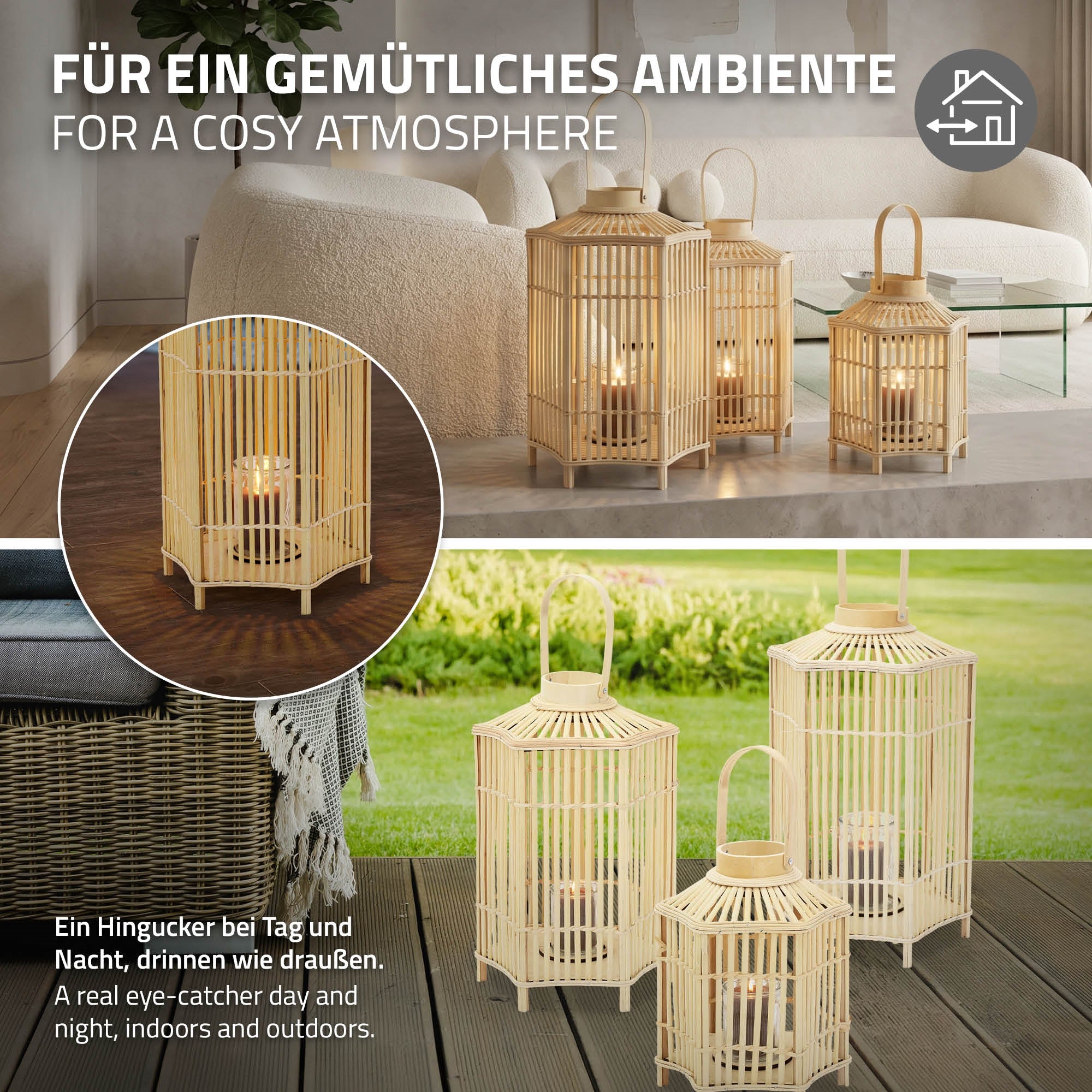 Drei Laternen aus Bambus auf einem Tisch, mit Kerzen im Inneren, in einem gemütlichen Raum.