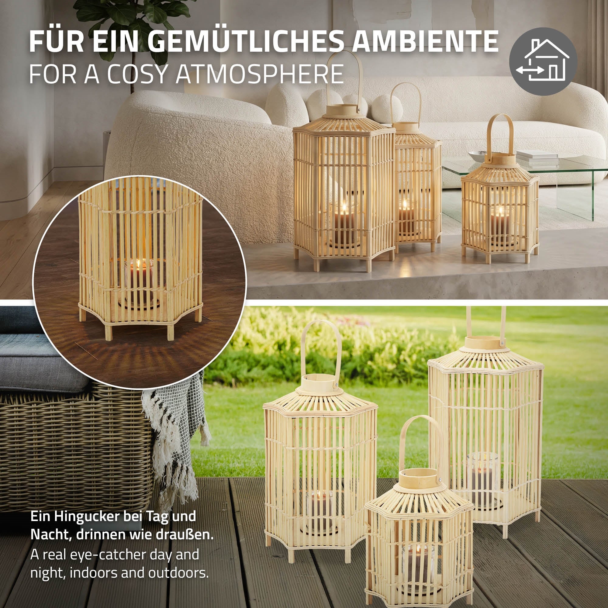 Mehrere Bambus-Laternen auf einem Tisch, gemütliche Atmosphäre.