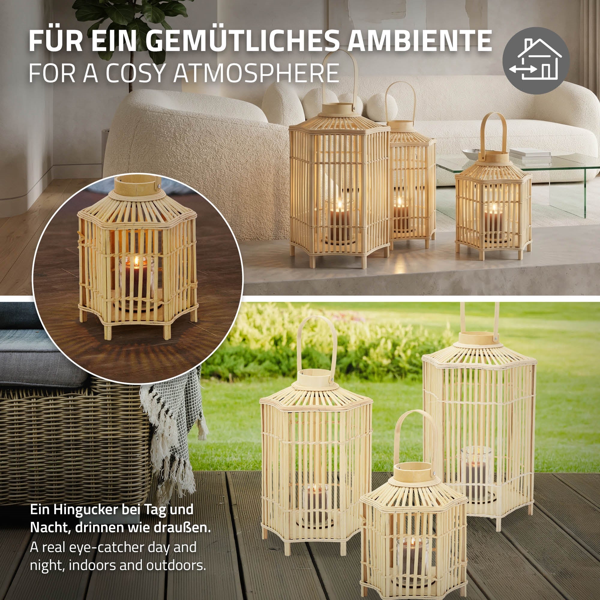 Drei Laternen aus Rattan mit Kerzen auf einem Tisch im Freien.