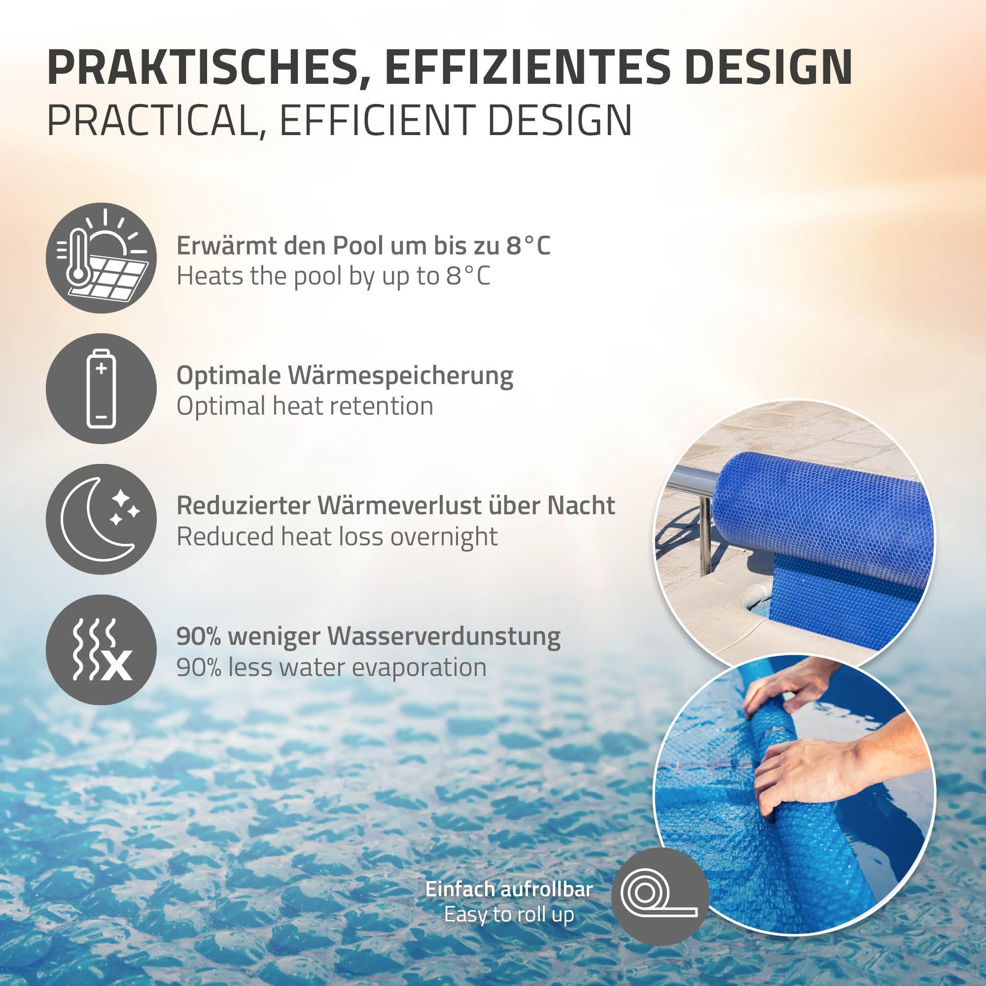 Grafik beschreibt die Vorteile einer Solarfolie für Pools.