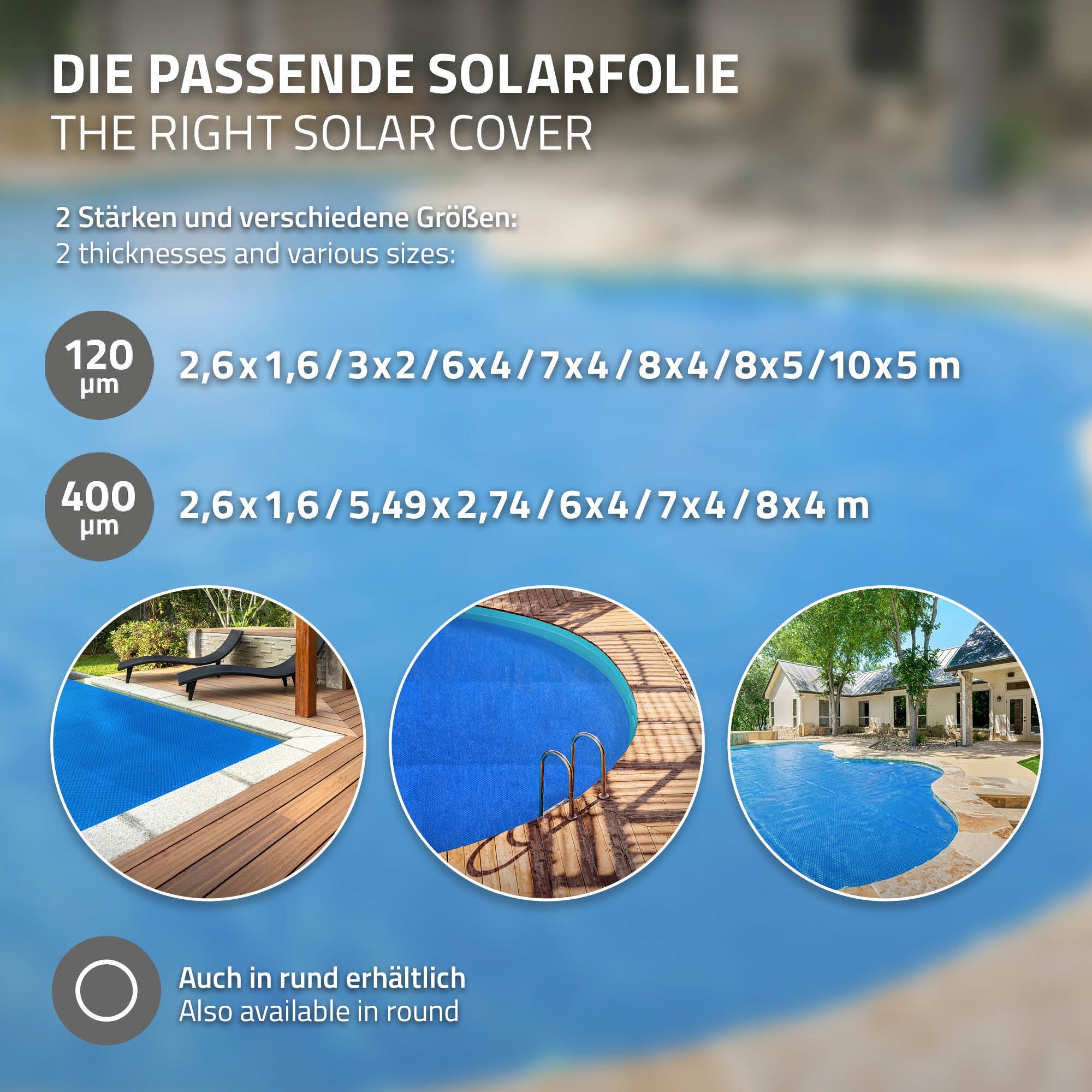 Grafik mit verschiedenen Größen und Stärken von Solarfolien für Pools.