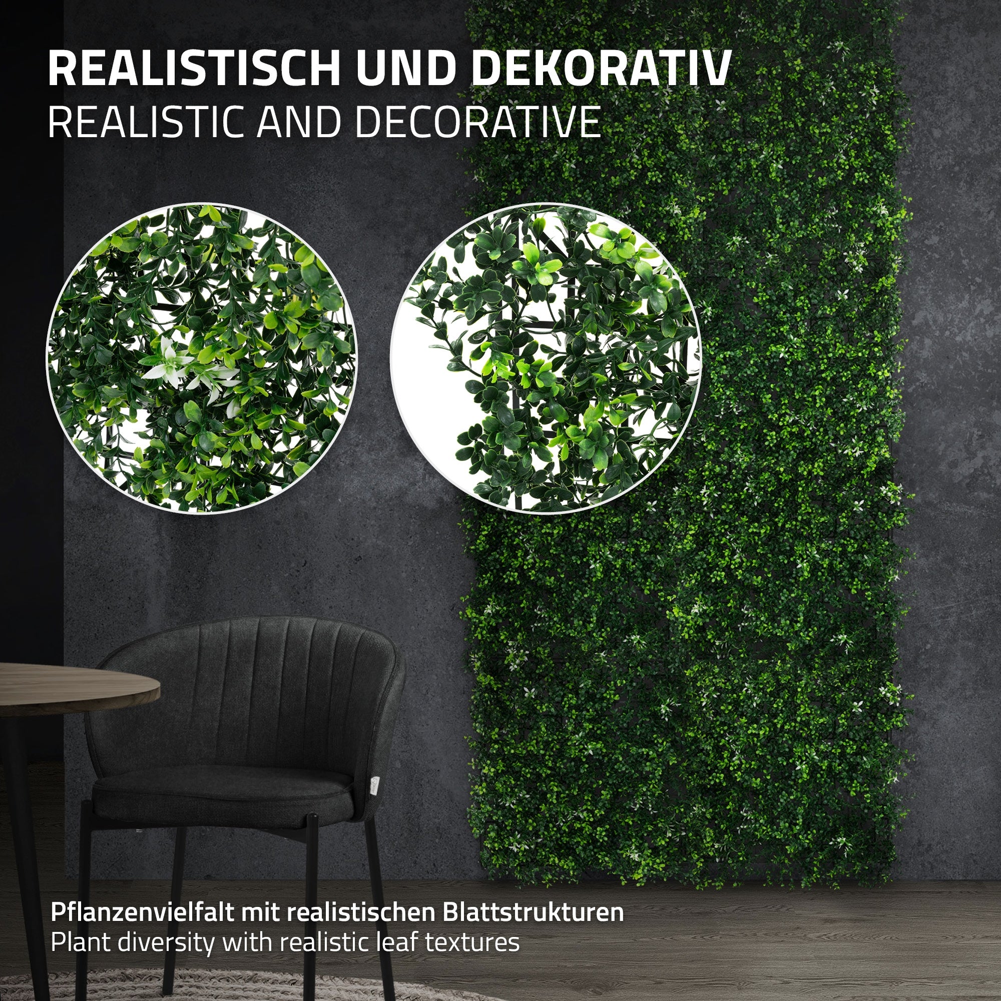 Nahaufnahme von Pflanzen mit verschiedenen Blattstrukturen an einer Wand.