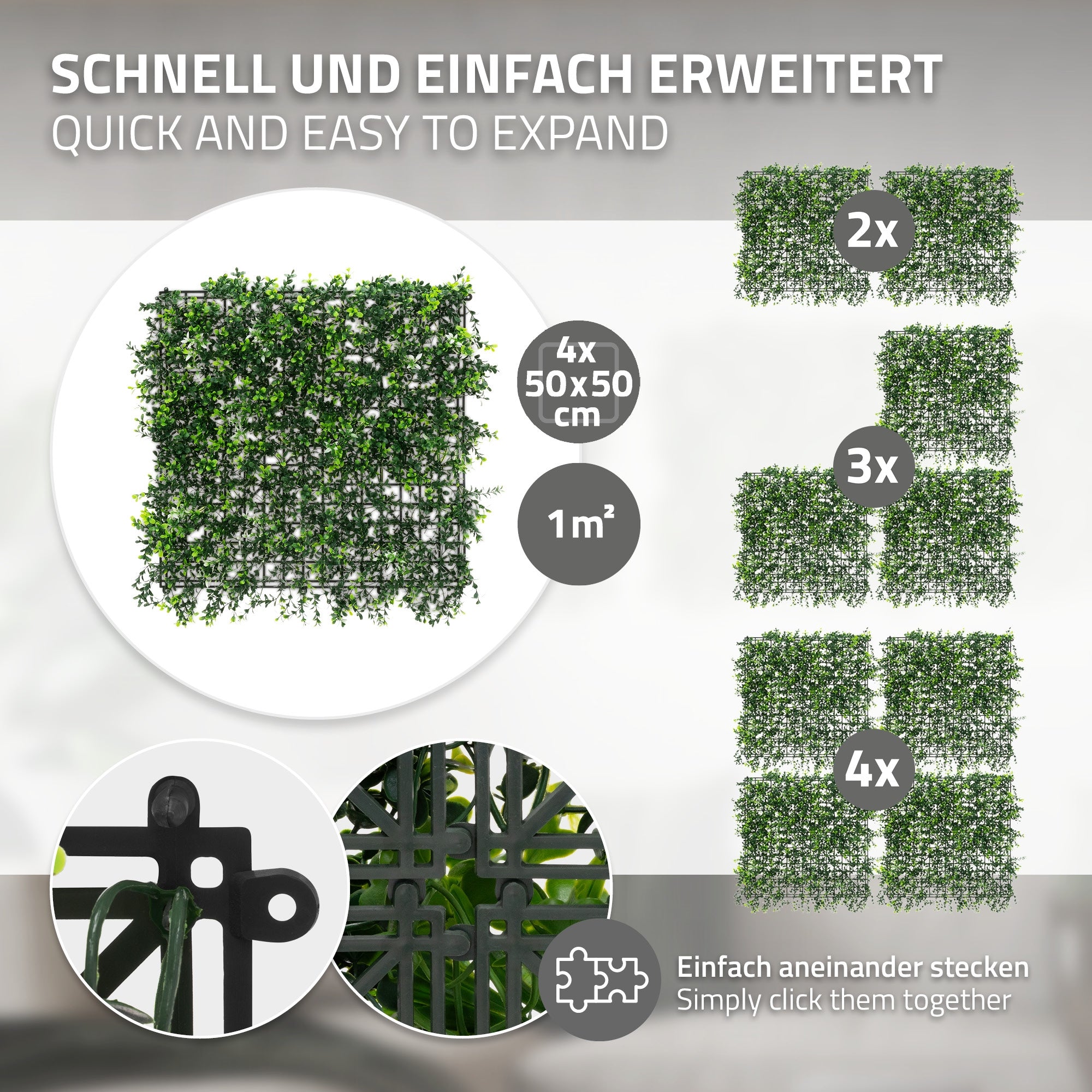 Pflanzenpaneele, die einfach zusammengefügt werden können, mit Maßangaben.