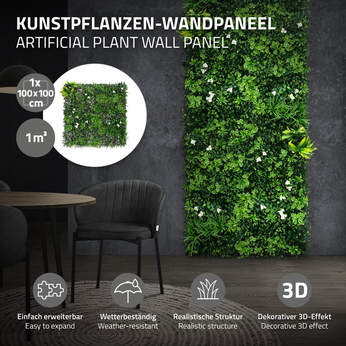 Kunstplante-vægpanel med grønne planter på en væg, stol i forgrunden.