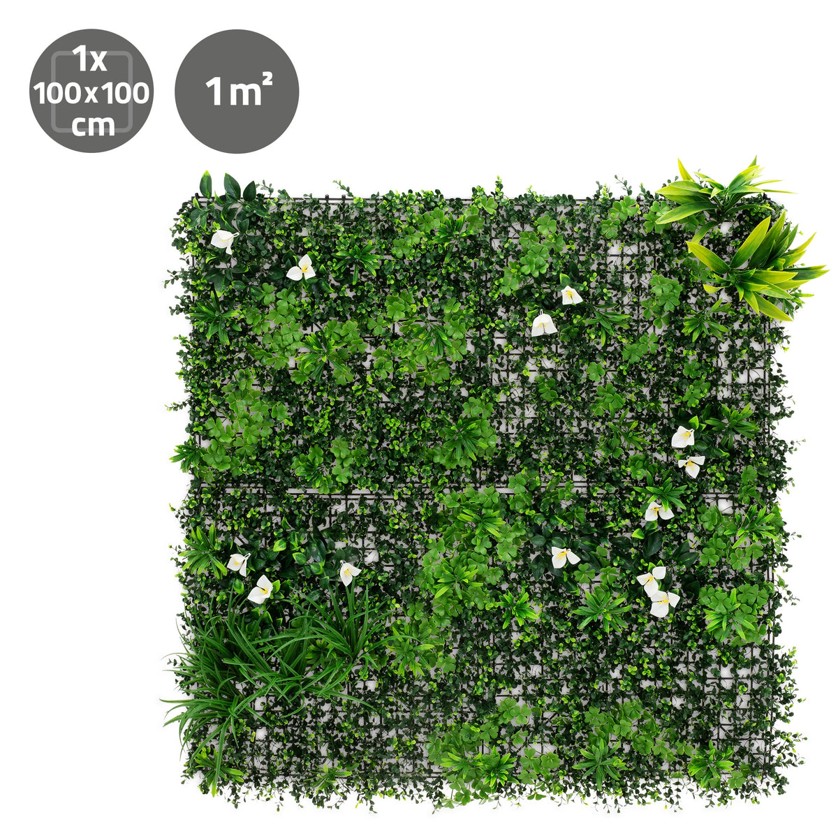 Grøn væg med forskellige planter og hvide blomster på et kvadratisk gitter.
