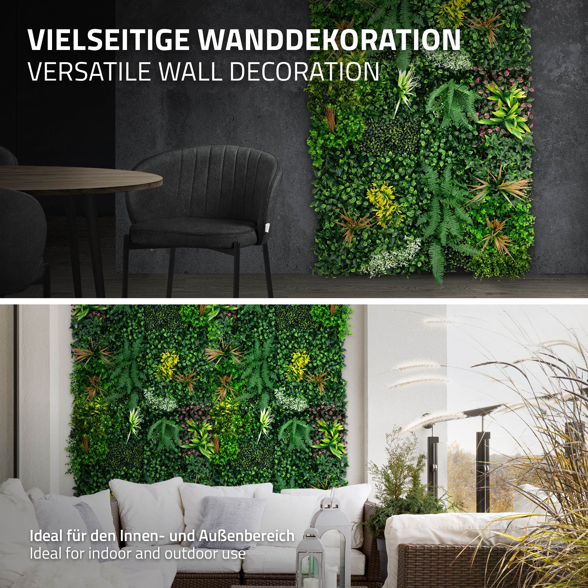 Vægdekoration med forskellige planter til indendørs og udendørs brug.