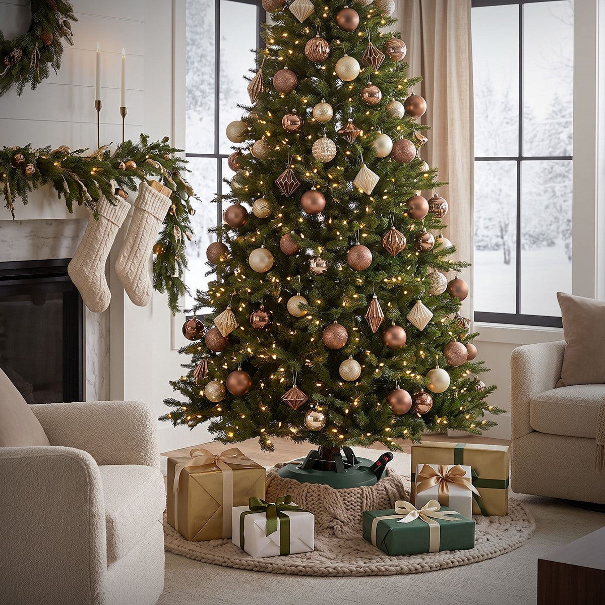 Weihnachtsbaum mit goldener und roter Dekoration, Geschenke und ein gemütlicher Raum.