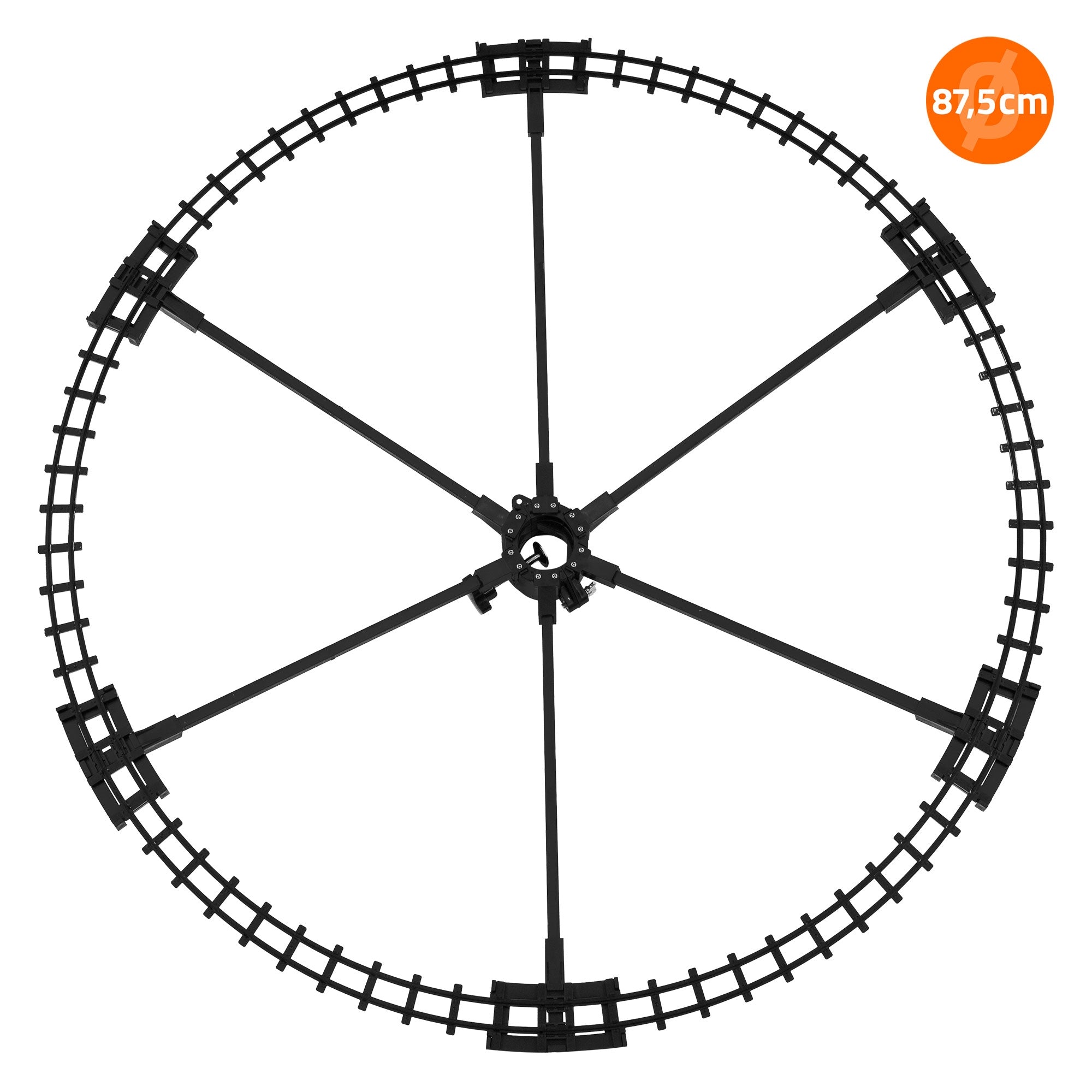 Black train track in circular arrangement with measurement indication.