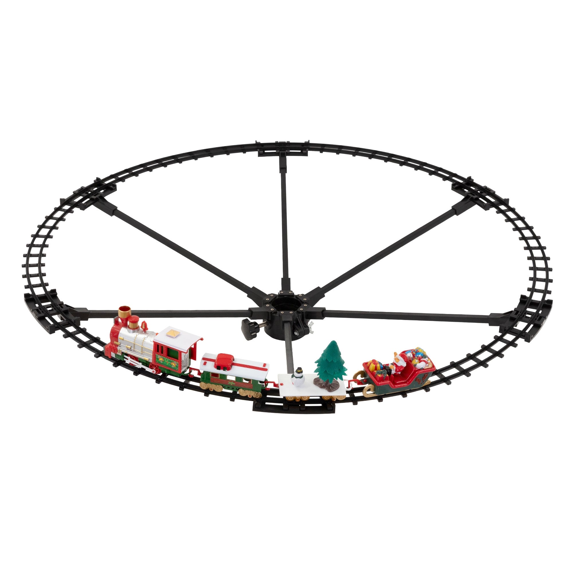 Schwarze Eisenbahn mit Weihnachtsmotiven auf einer runden Schiene.