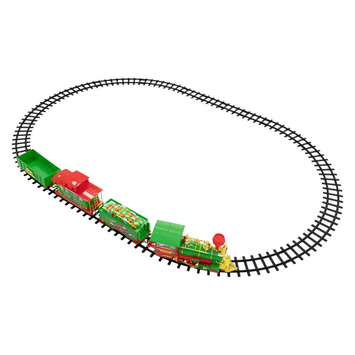 Grüne Spielzeugeisenbahn mit Lokomotive und drei Wagen auf einem ovalen Gleis.