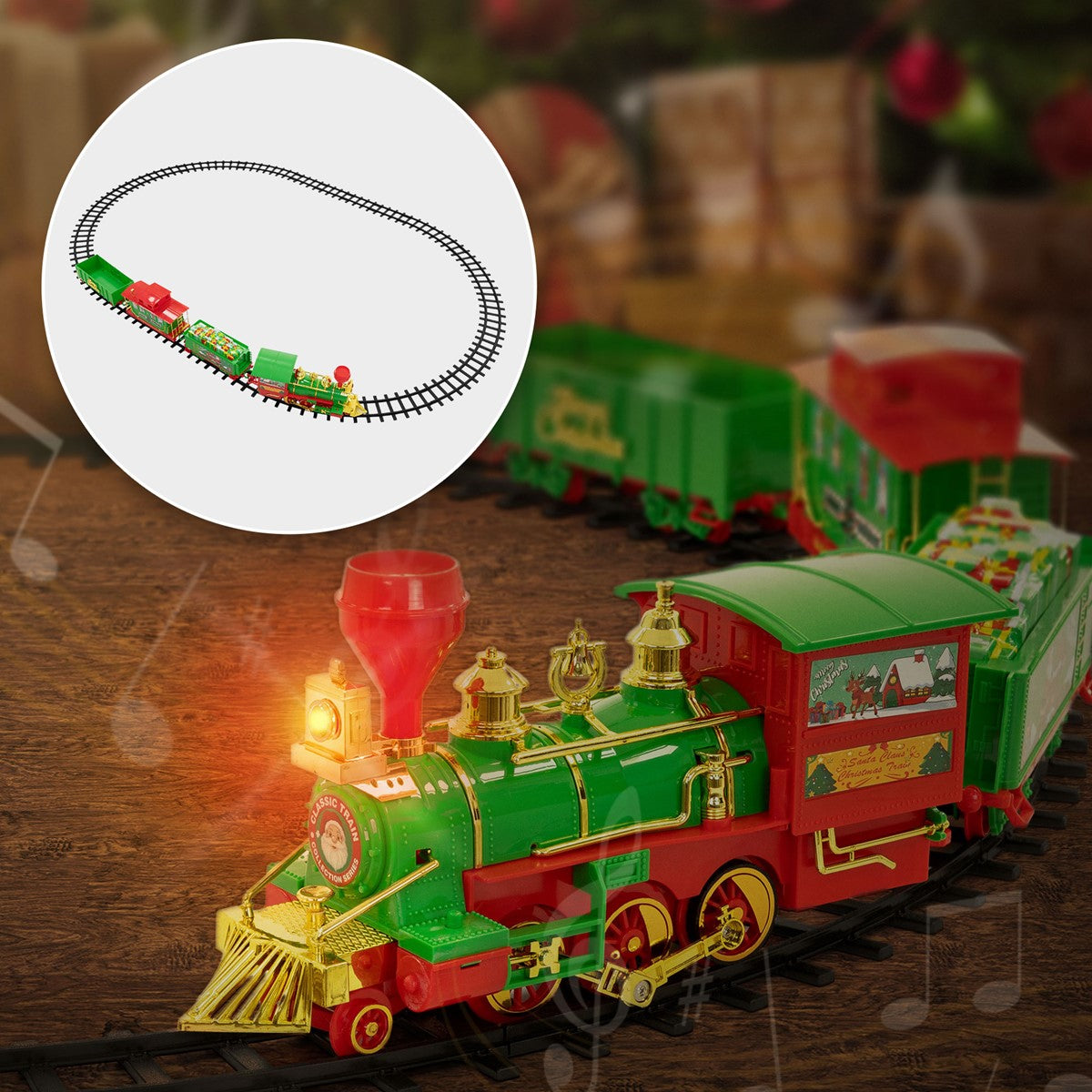 Nahaufnahme einer grünen Weihnachtslok mit goldenen Verzierungen; ein Kreis zeigt den Zug auf ovalem Gleis.