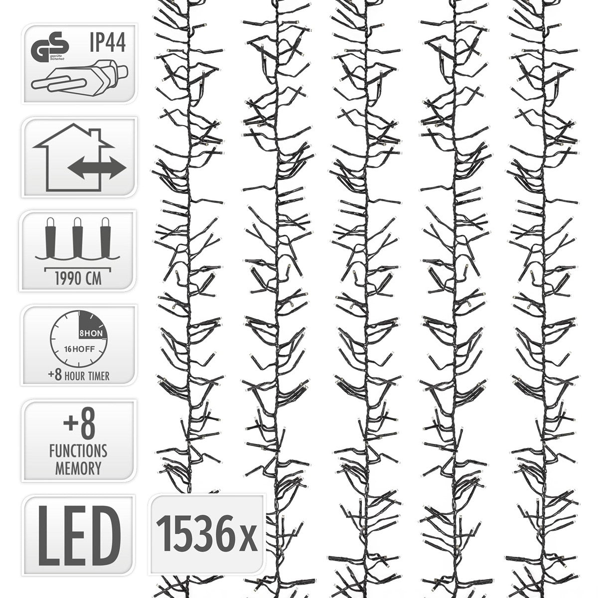 Grafik einer schwarzen LED-Lichterkette mit Angaben zu IP44, 1.990 cm, Timer, Speicherfunktion und 1.536 LEDs.