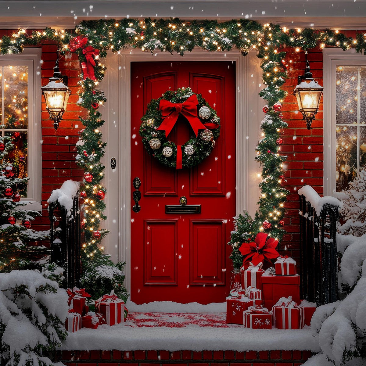 Weihnachtliche Haustür mit roter Tür, Kranz und Geschenken im Schnee.