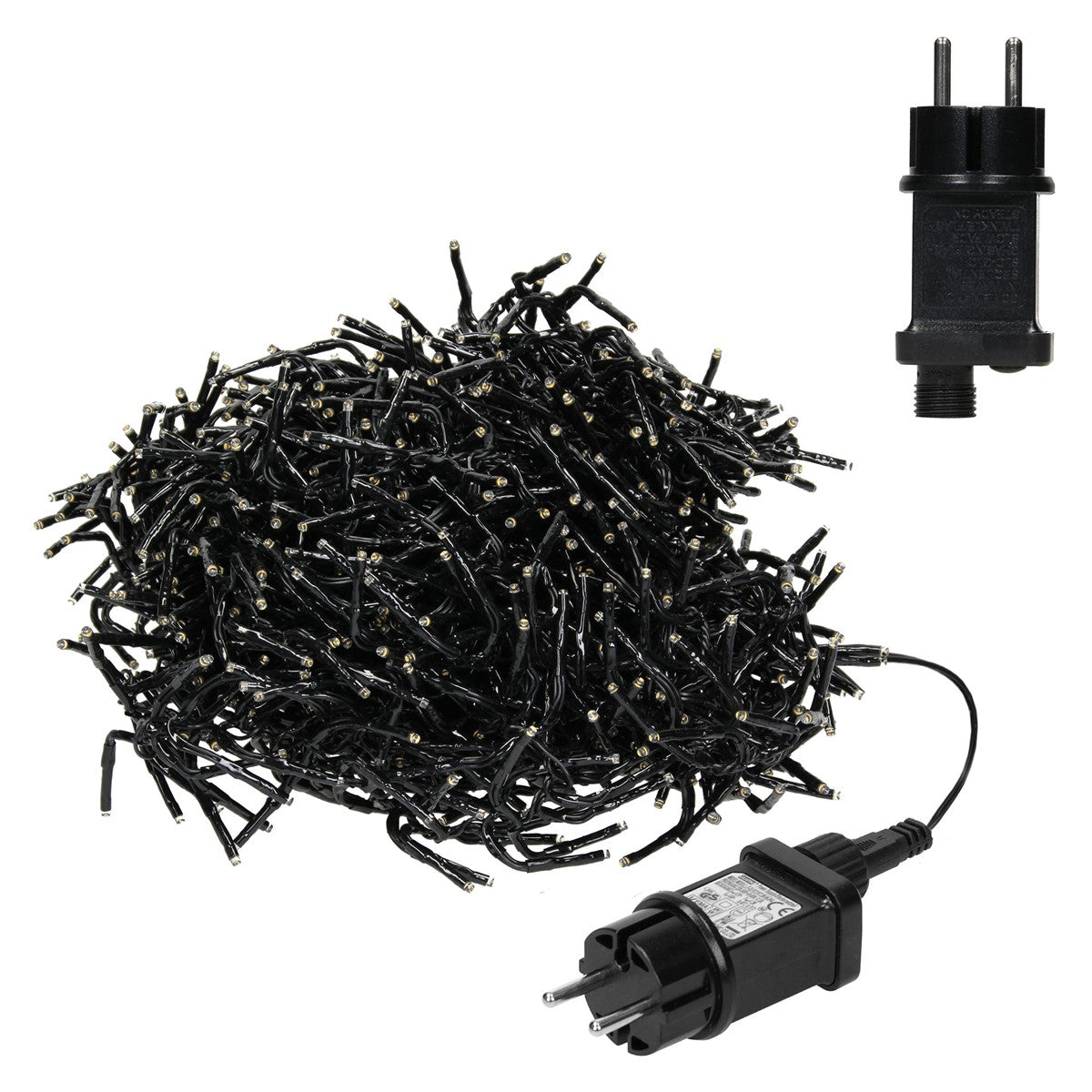 Aufgewickelte schwarze Lichterkette mit kleinen LEDs und zwei schwarzen Netzsteckern.
