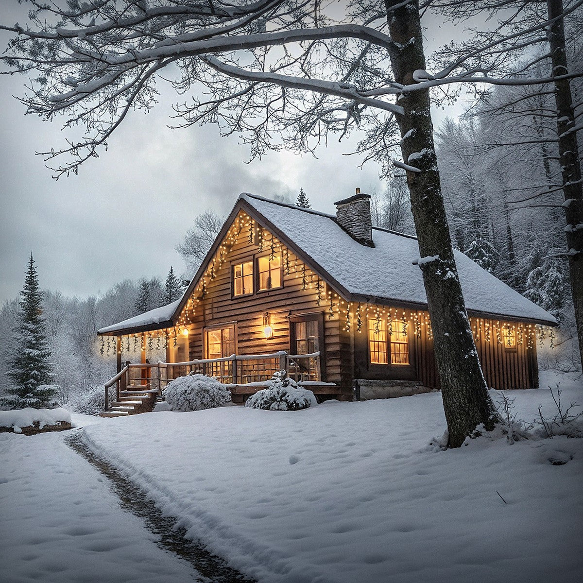 Holzhaus im Schnee, beleuchtet mit Lichtern, umgeben von Bäumen.