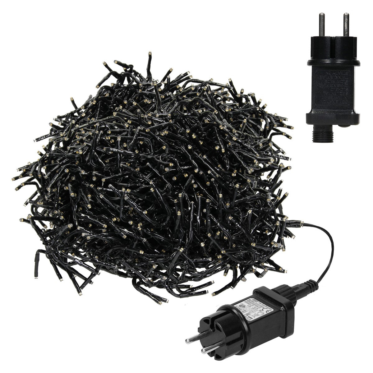 Ein Haufen schwarzer Lichterkabel mit Stecker.