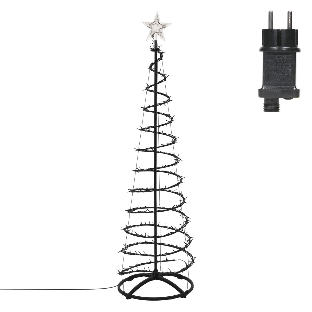Schwarzer Weihnachtsbaum mit Stern, umgeben von Lichtern und einem Stecker.