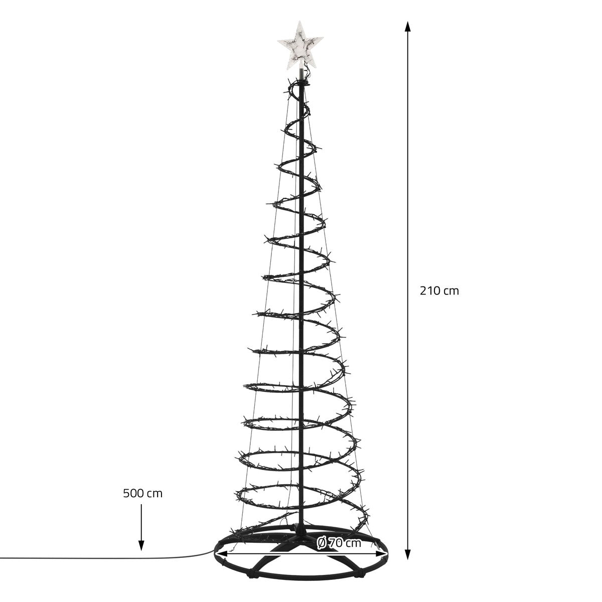 Schwarzer Weihnachtsbaum mit Maßen: 210 cm hoch, 70 cm Durchmesser.
