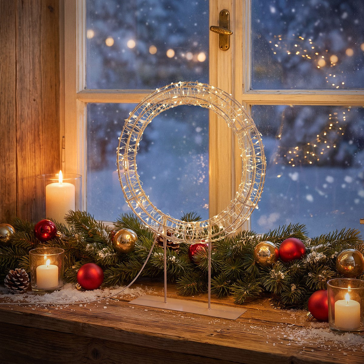 Dekorative Lichterkette in einem runden Rahmen auf einem Tisch mit Kerzen und Weihnachtsdekoration.