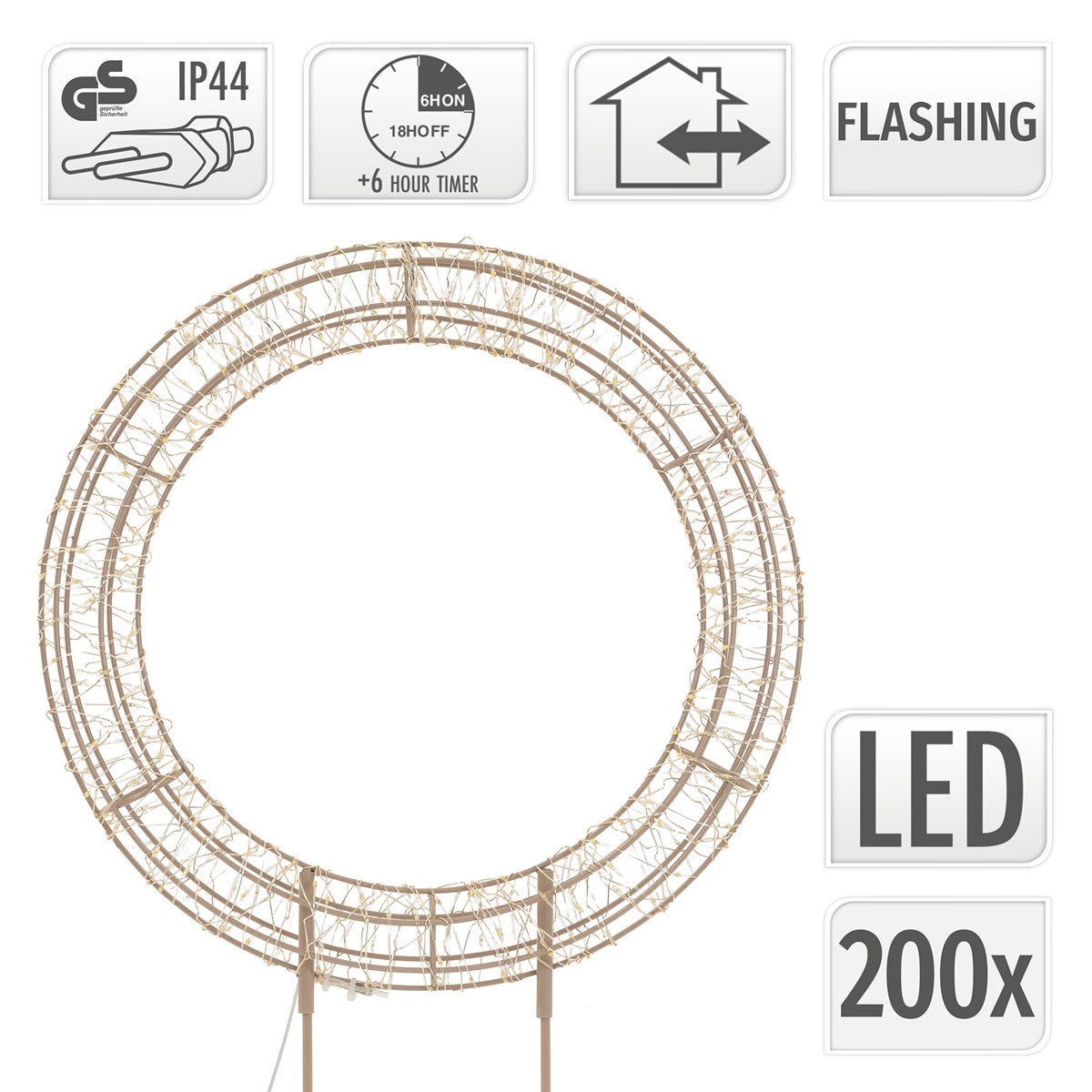 Technische Details zu einem LED-Kranz mit Timer und IP44-Schutz.
