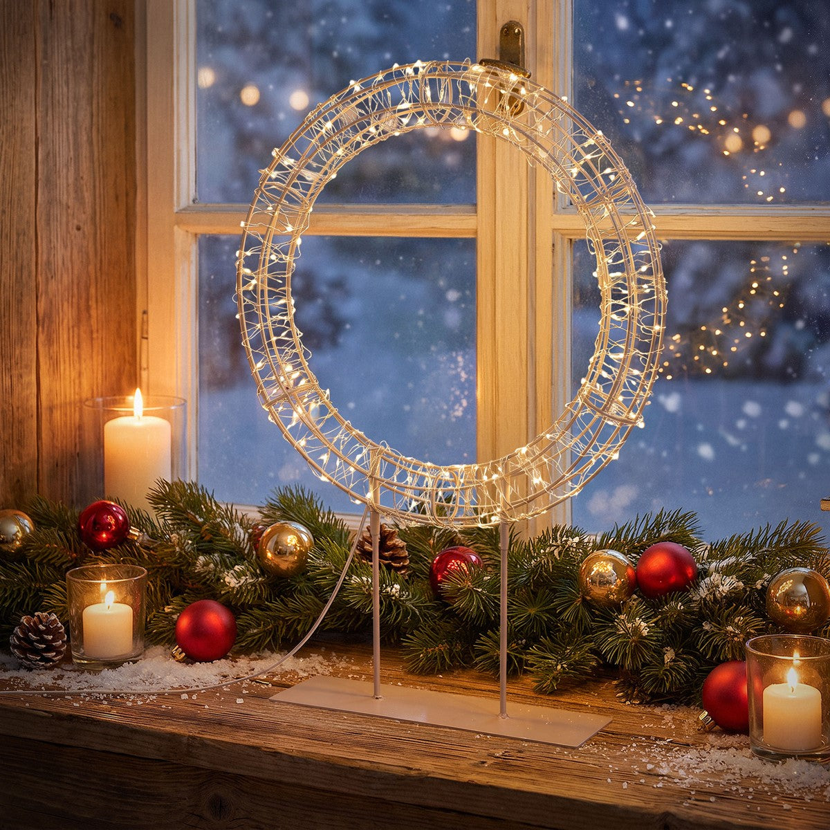 Dekorative Lichterkette in einem runden Rahmen auf einem Tisch mit Kerzen und Weihnachtsdekoration.