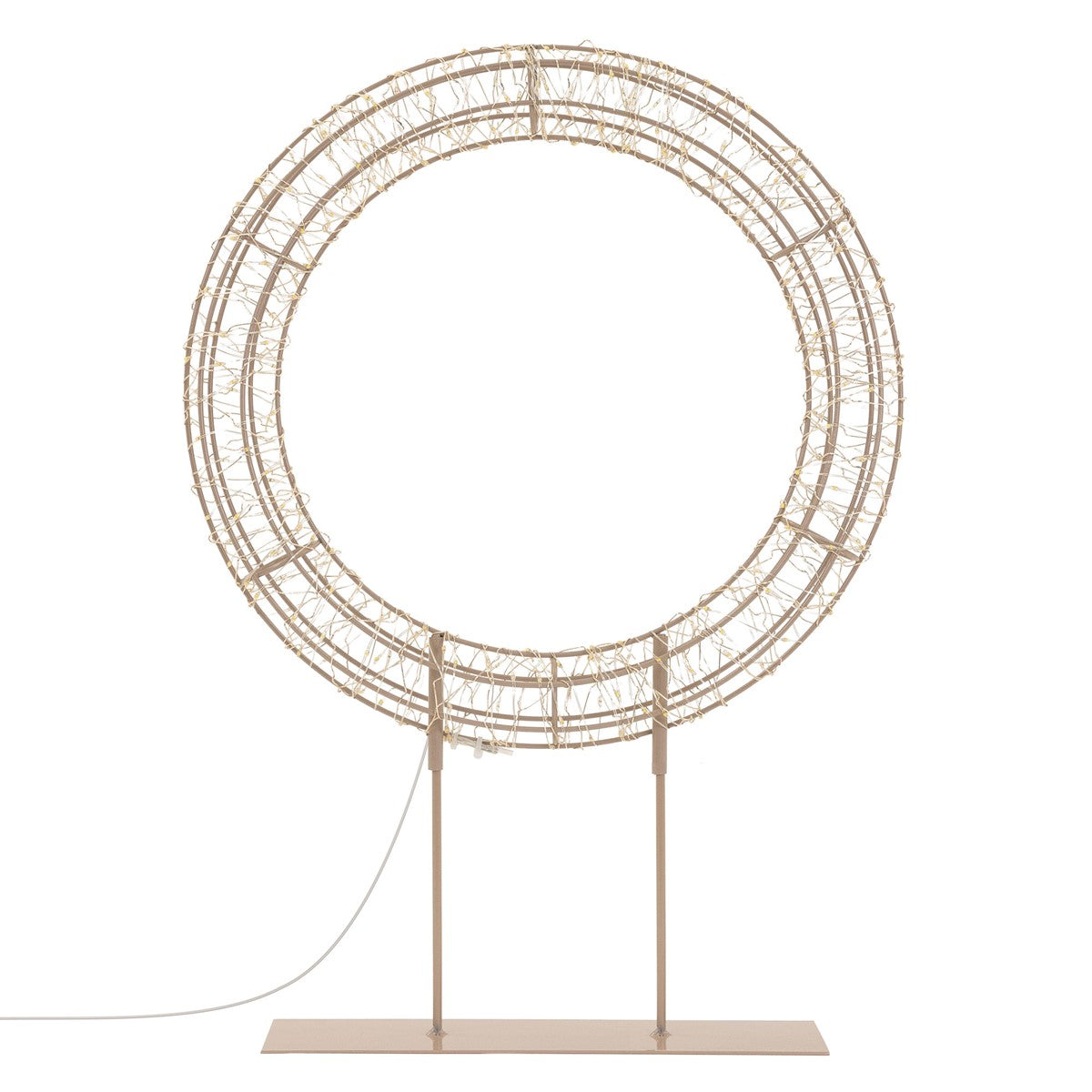 Stehlampe in runder Form mit einem Drahtgestell auf einem stabilen Sockel.