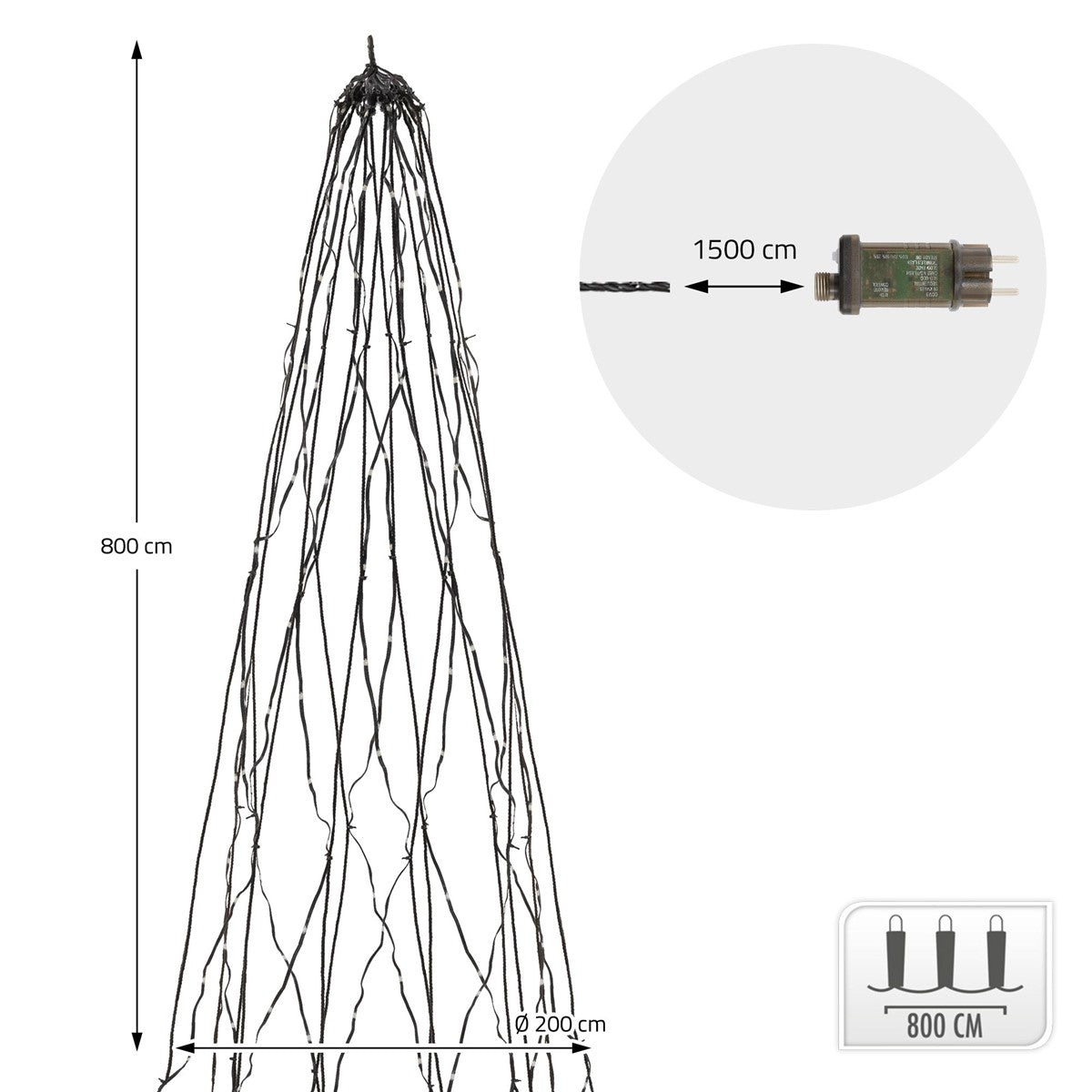 Schwarze Lichterkette in Form eines Weihnachtsbaums, 800 cm hoch.