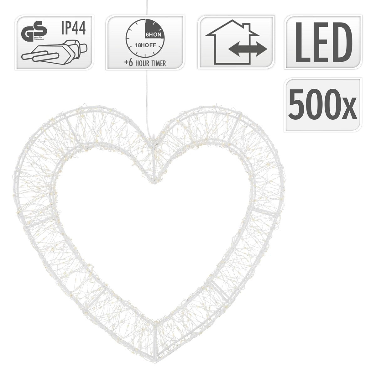 Herzförmige Drahtdekoration mit LED-Symbolen und Timer-Funktion.