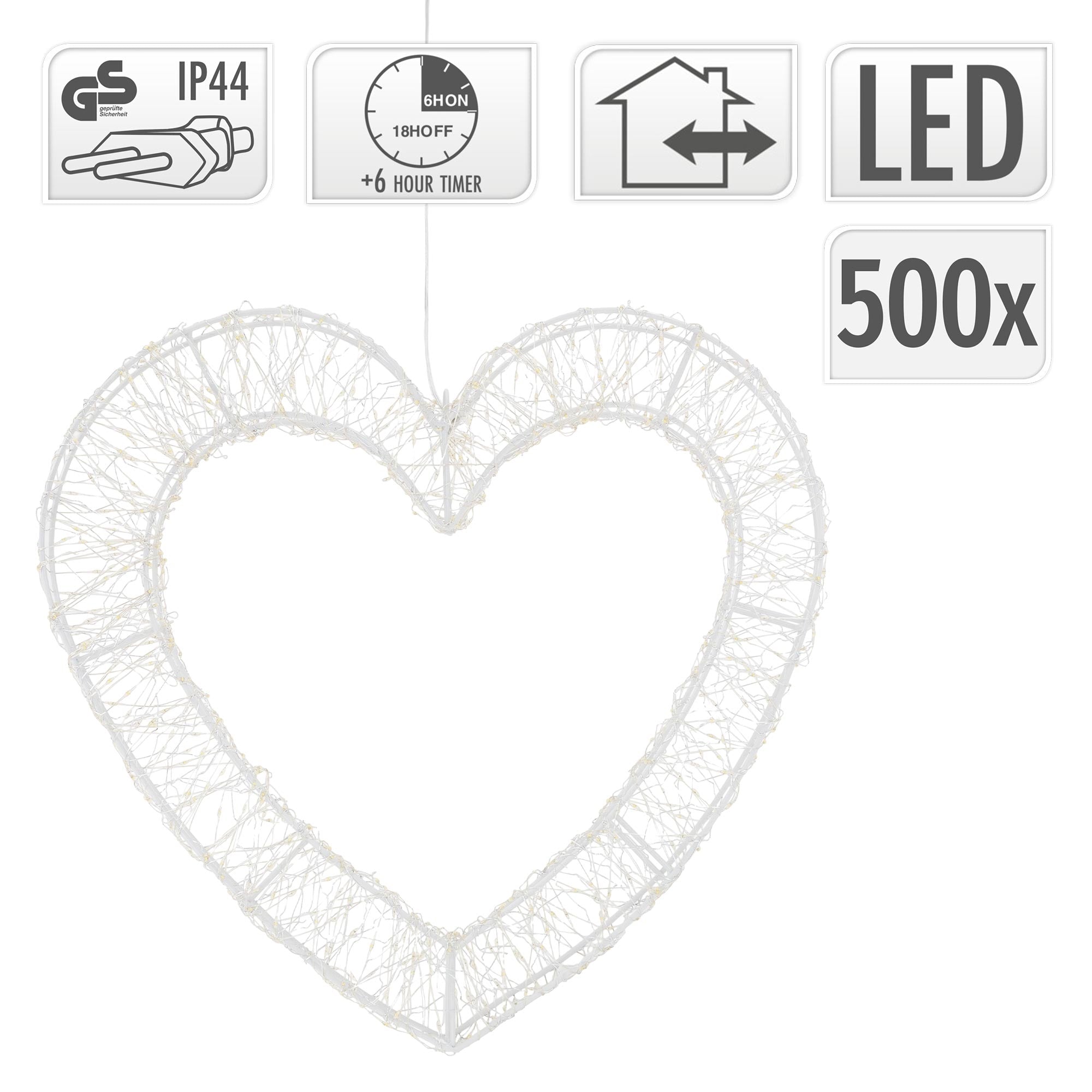 Dekorace ve tvaru srdce z drátu se symboly LED a funkcí časovače.