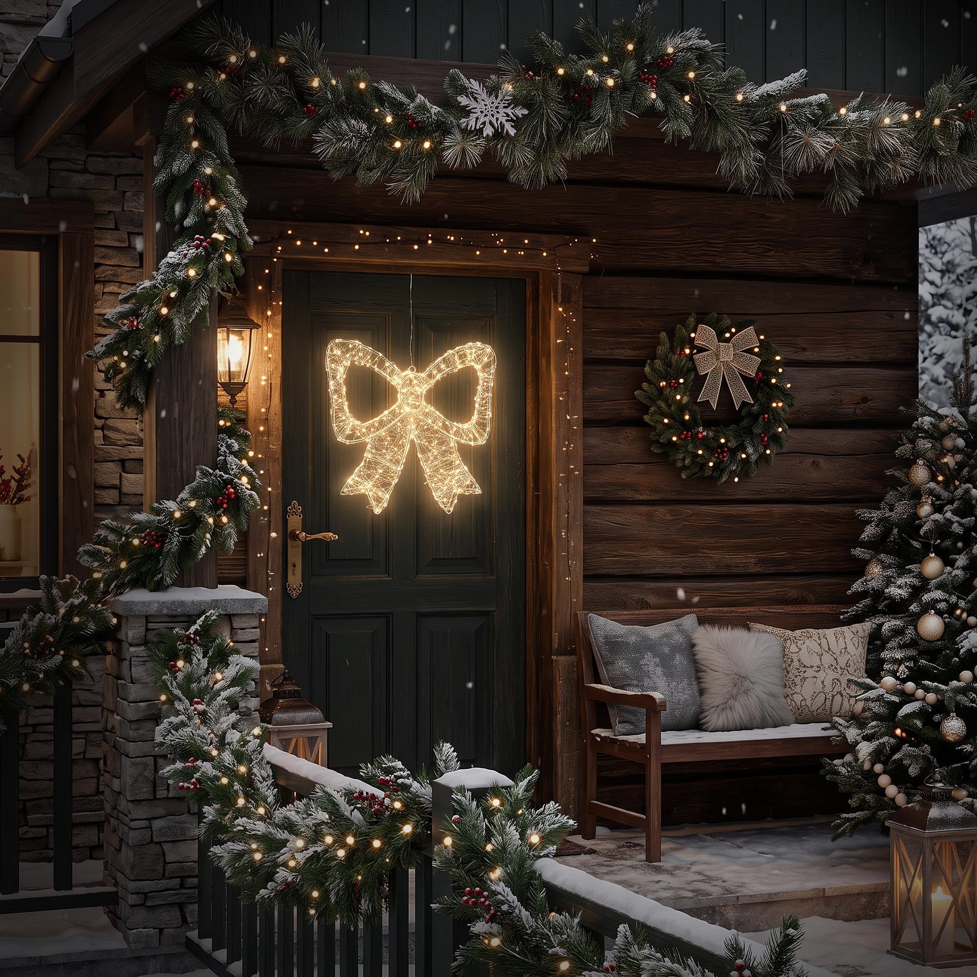 House with Christmas decorations, including a glowing bow on the door.